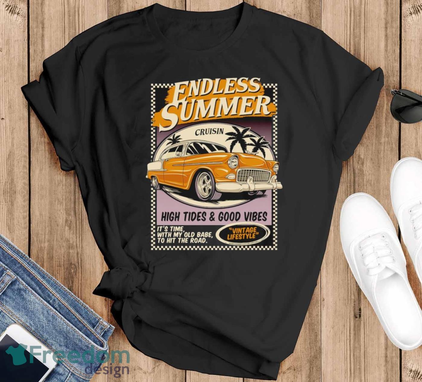 Endless Summer Cruisin High Tides and Good vibes retro car logo shirt - Black T-Shirt