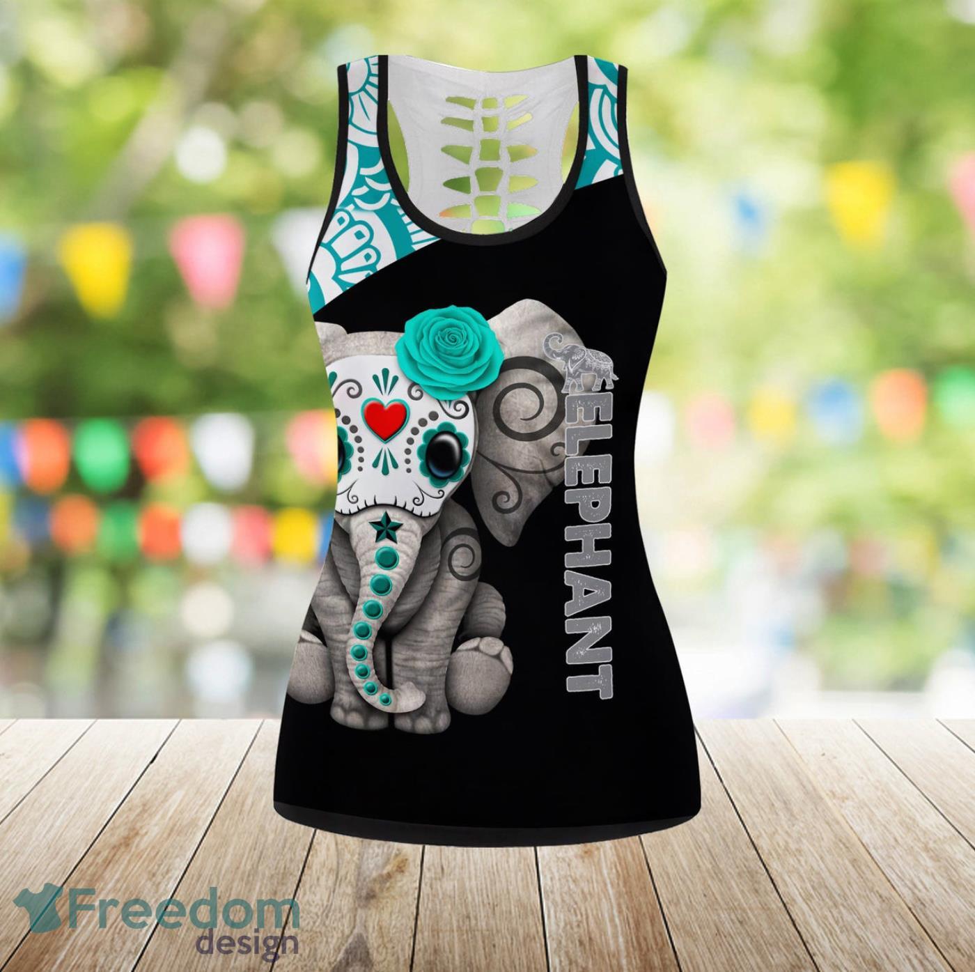 Green Elephant Flower Legging And Hollow Tank Top Gift For Women Product Photo 2