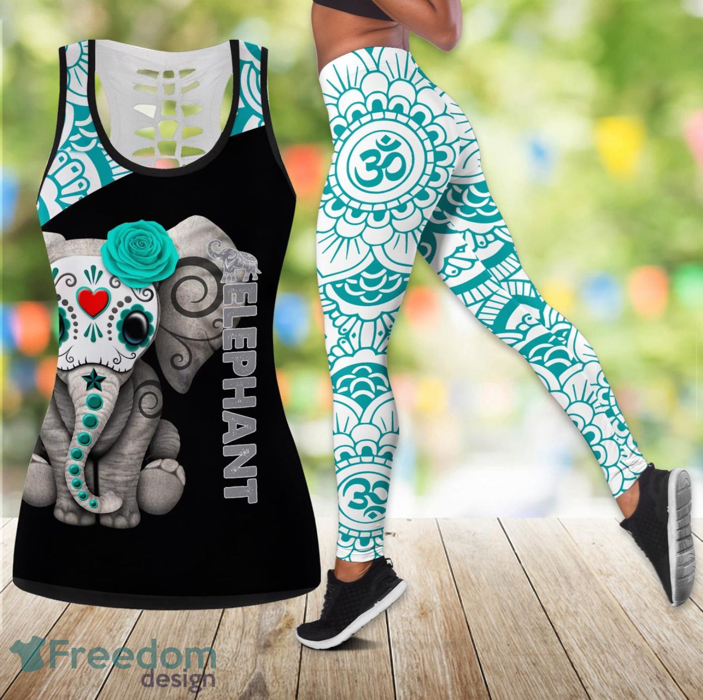 Green Elephant Flower Legging And Hollow Tank Top Gift For Women Product Photo 1 Green Elephant Flower Legging And Hollow Tank Top Gift For Women Product Photo 1