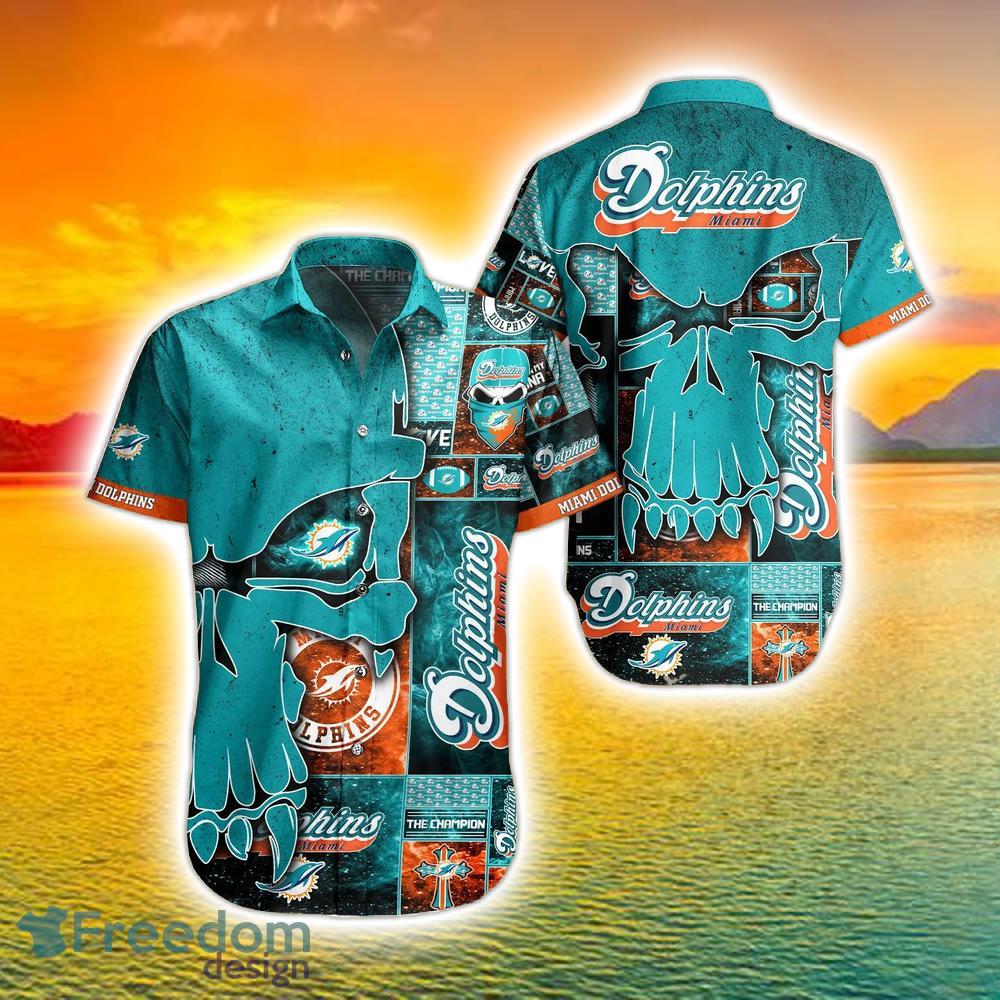 Miami Dolphins Nfl Skull Full Print Effect Pattern Backround Short Sleeve  Hawaiian Shirt And Beach Short - Freedomdesign