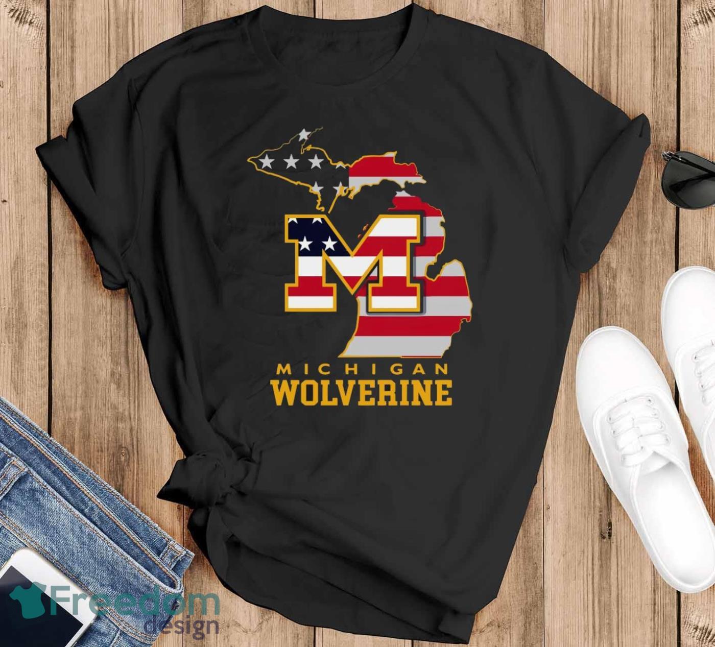 Michigan Wolverine American Map Flag Shirt - Black T-Shirt