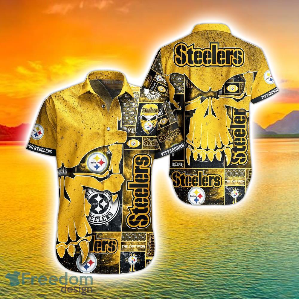 Pittsburgh Steelers Nfl Skull Full Print Effect Pattern Backround Short  Sleeve Hawaiian Shirt And Beach Short - Freedomdesign