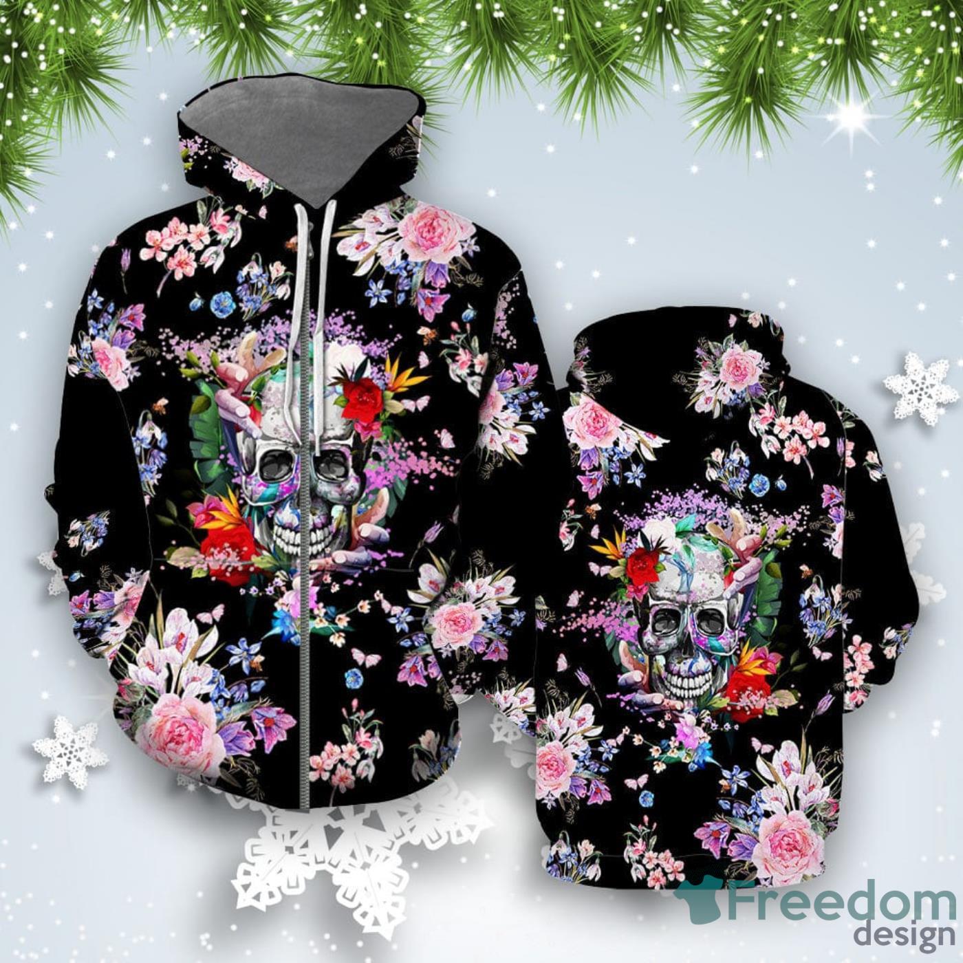 Purple Flower Skull All Over Print 3D Hoodie Unique Gift Product Photo 2