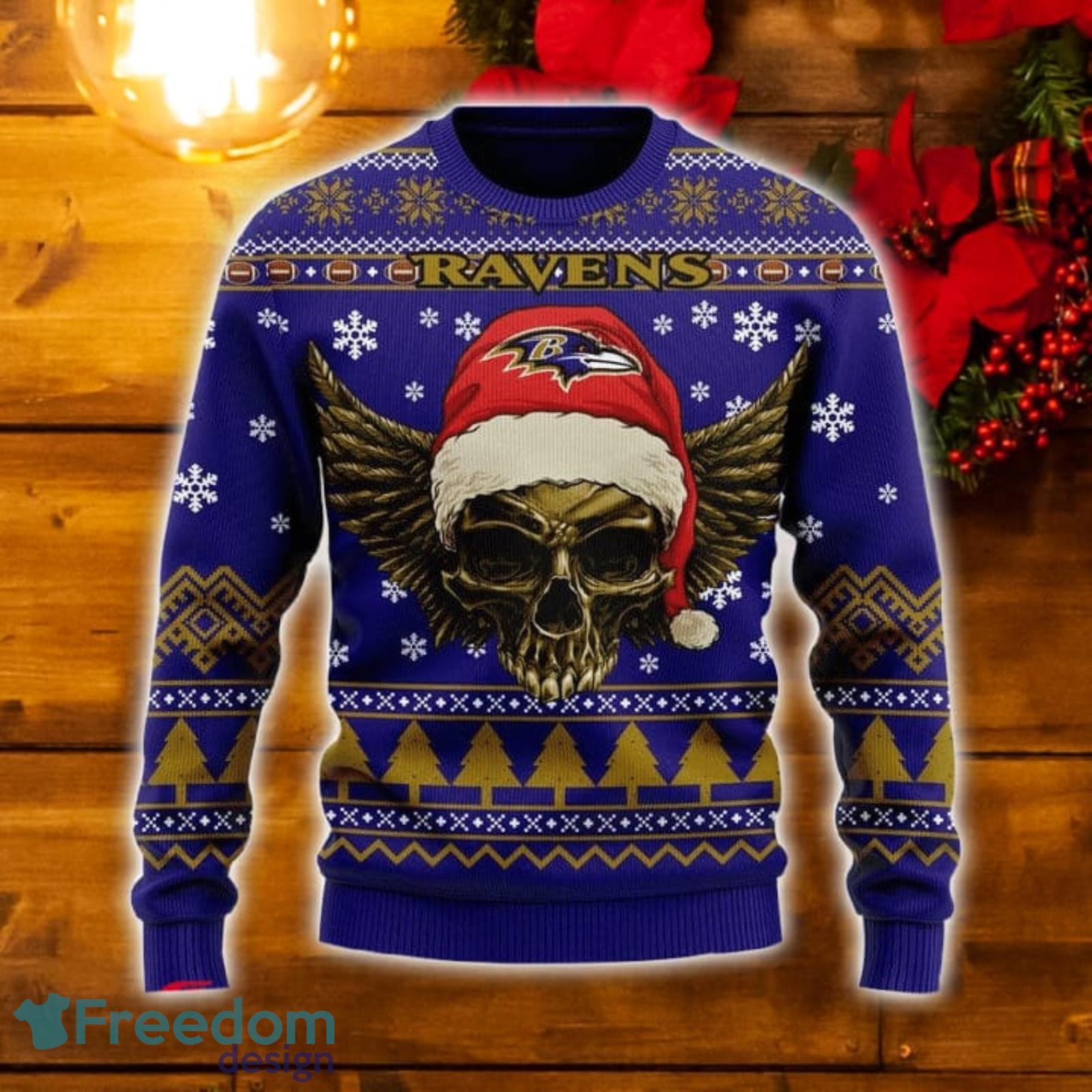Baltimore Ravens NFL Golden Skull Santa Hat And Logo Christmas Ugly Sweater  For Men And Women - Freedomdesign