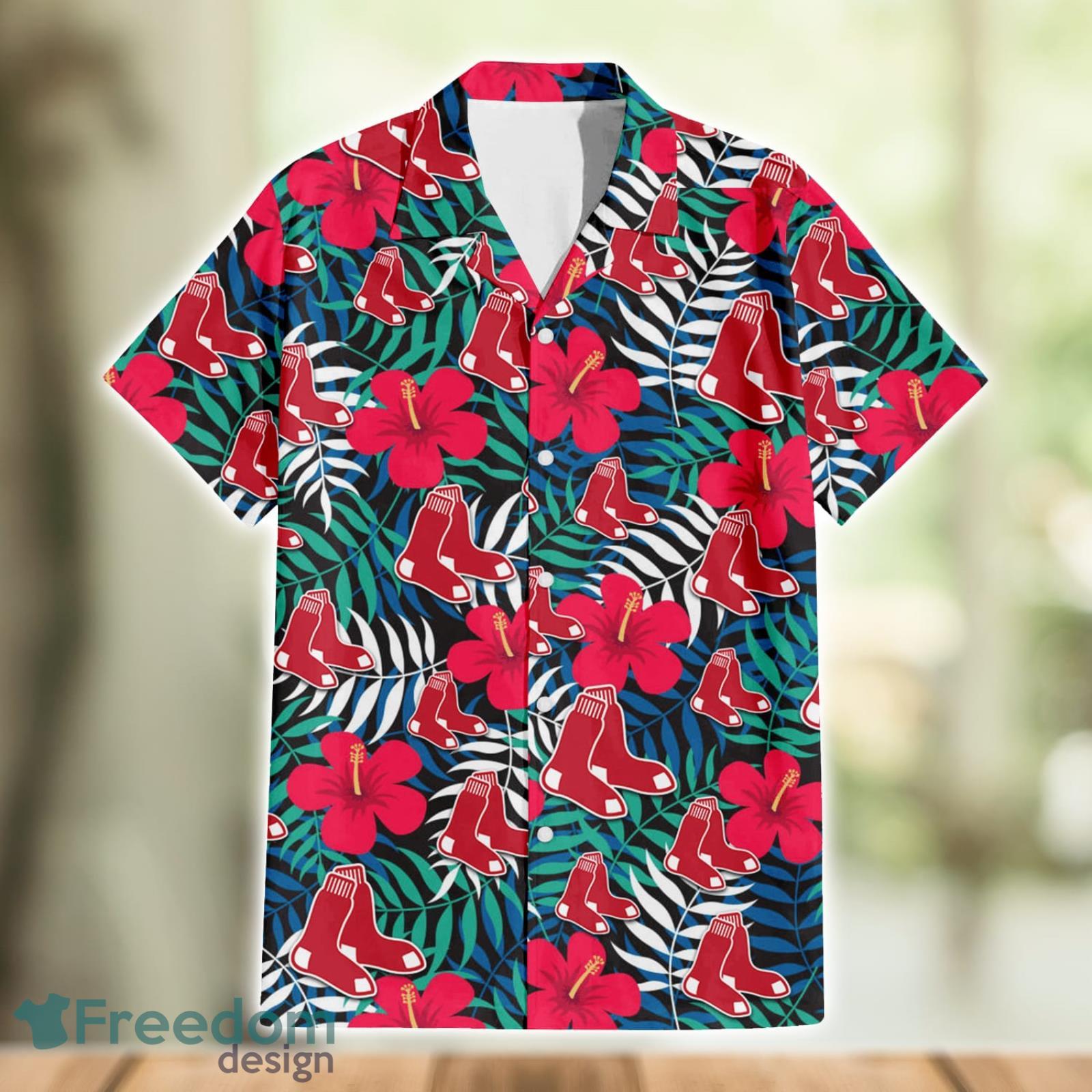 Boston Red Sox Red Hibiscus Green Leaf Tropical Hawaiian Shirt For