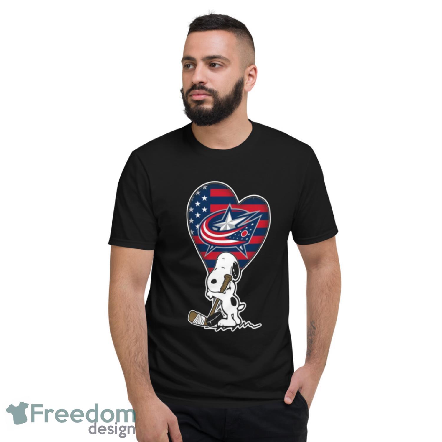 Columbus Blue Jackets NHL Hockey The Peanuts Movie Adorable Snoopy T Shirt - Short Sleeve T-Shirt