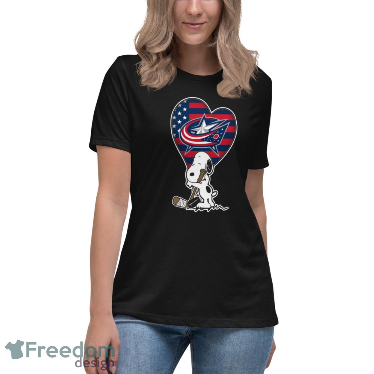 Columbus Blue Jackets NHL Hockey The Peanuts Movie Adorable Snoopy T Shirt - Womens Relaxed Short Sleeve Jersey Tee Columbus Blue Jackets NHL Hockey The Peanuts Movie Adorable Snoopy T Shirt - Womens Relaxed Short Sleeve Jersey Tee