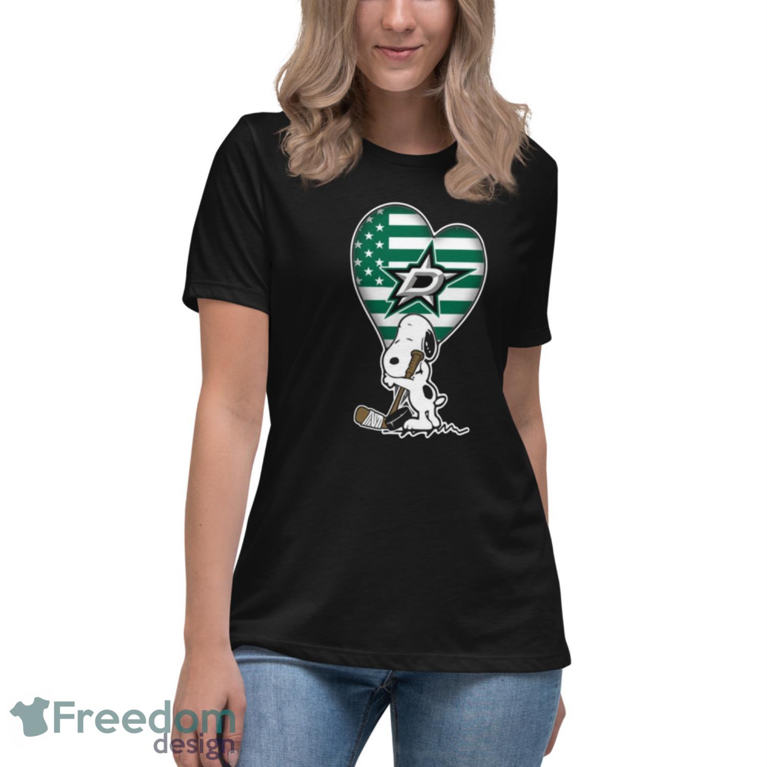 Dallas Stars NHL Hockey The Peanuts Movie Adorable Snoopy T Shirt - Womens Relaxed Short Sleeve Jersey Tee Dallas Stars NHL Hockey The Peanuts Movie Adorable Snoopy T Shirt - Womens Relaxed Short Sleeve Jersey Tee
