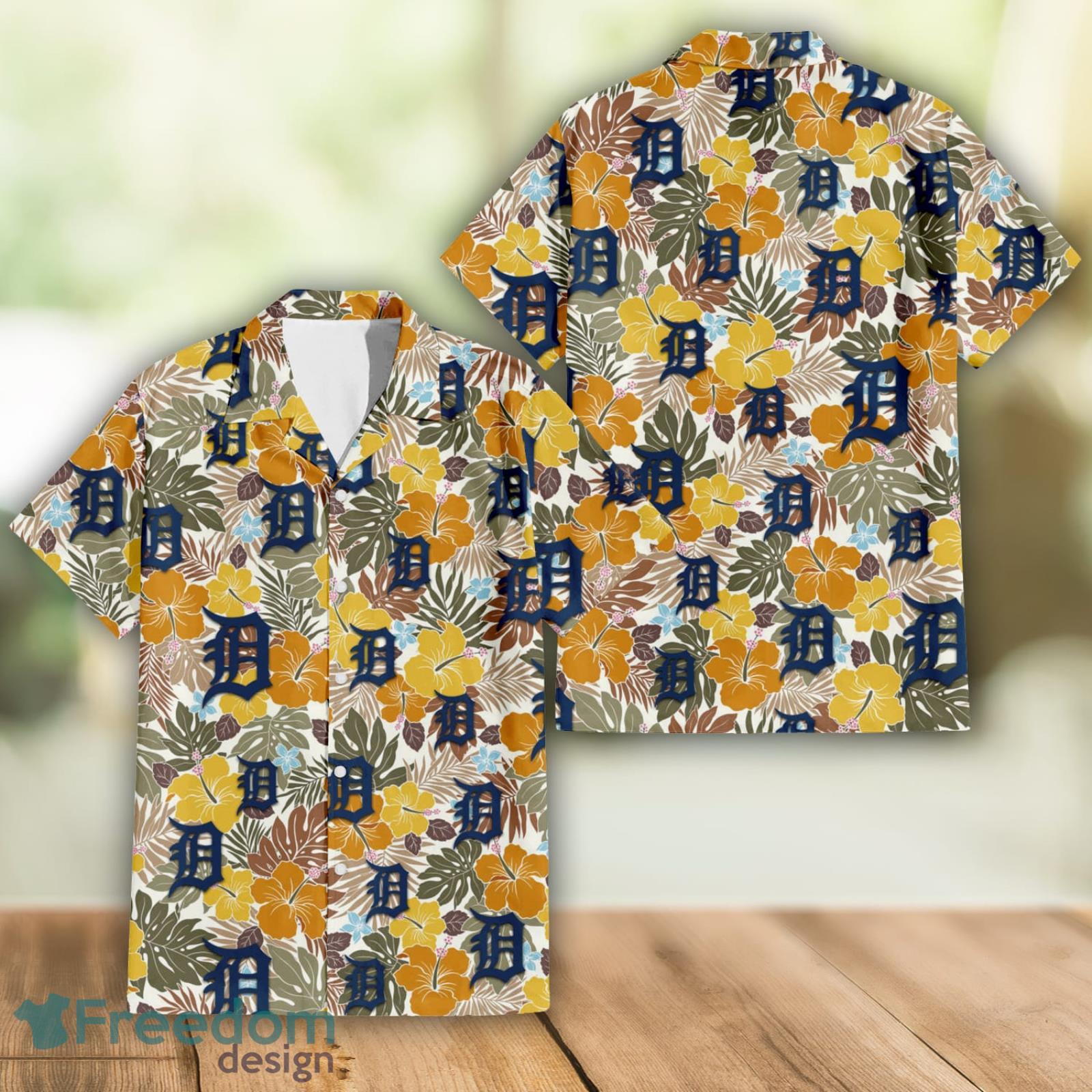 Detroit Tigers Logo And Yellow Flower Tropical Hawaiian Shirt For