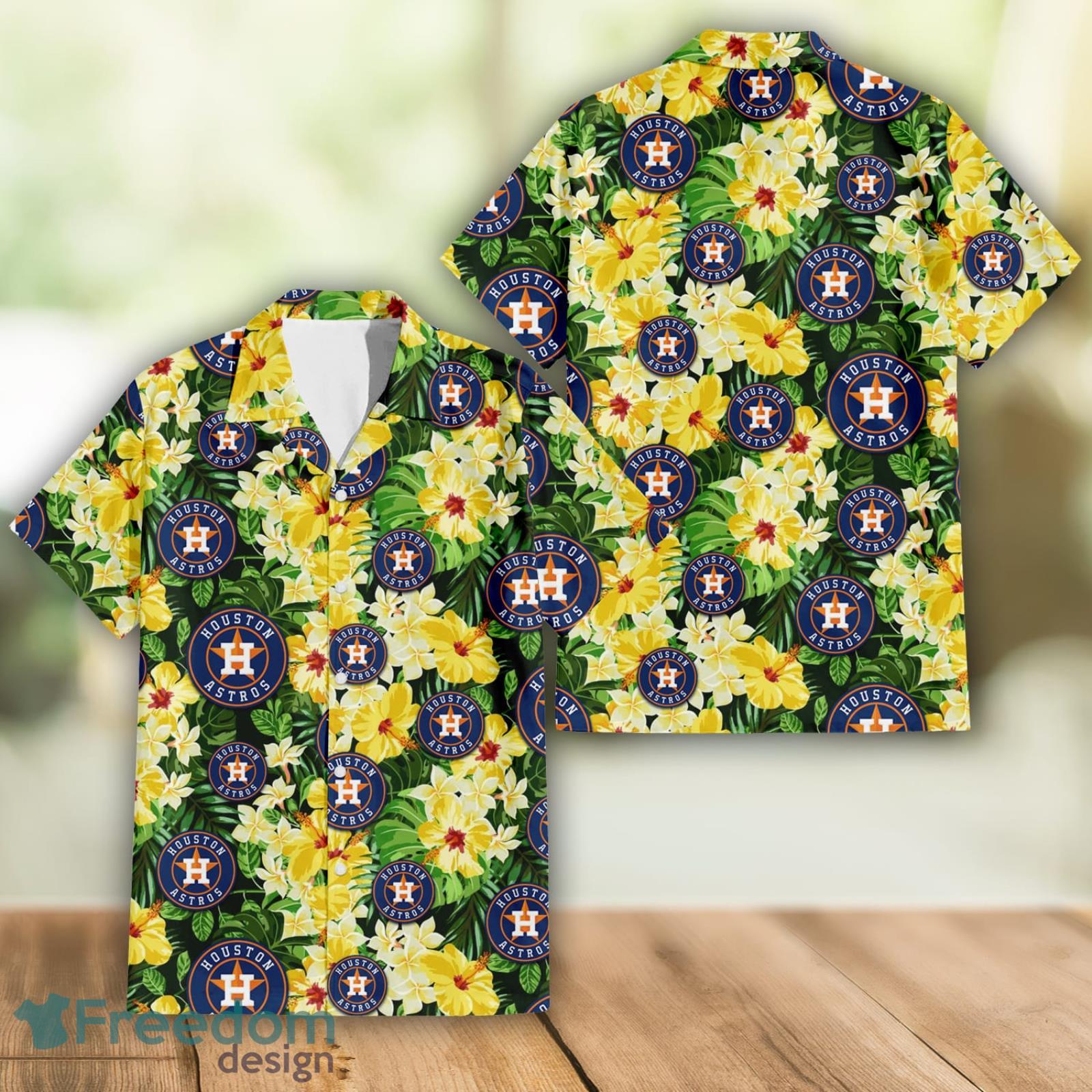 Houston Astros Logo And Yellow Flower Tropical Hawaiian Shirt For Fans -  Freedomdesign