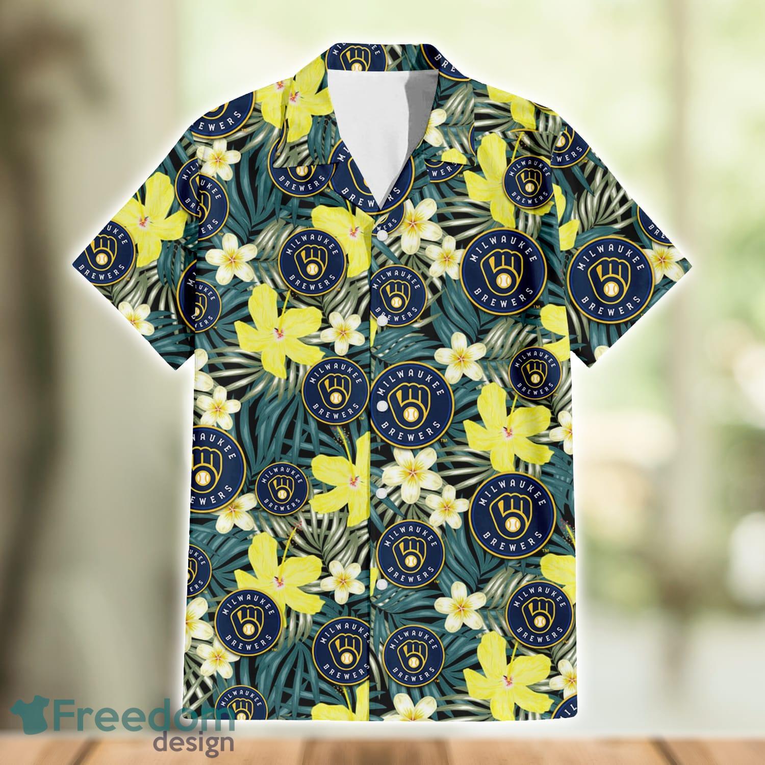 Milwaukee Brewers Yellow Flower Green Palm Leaf Tropical 3D Hawaiian Shirt  - Freedomdesign
