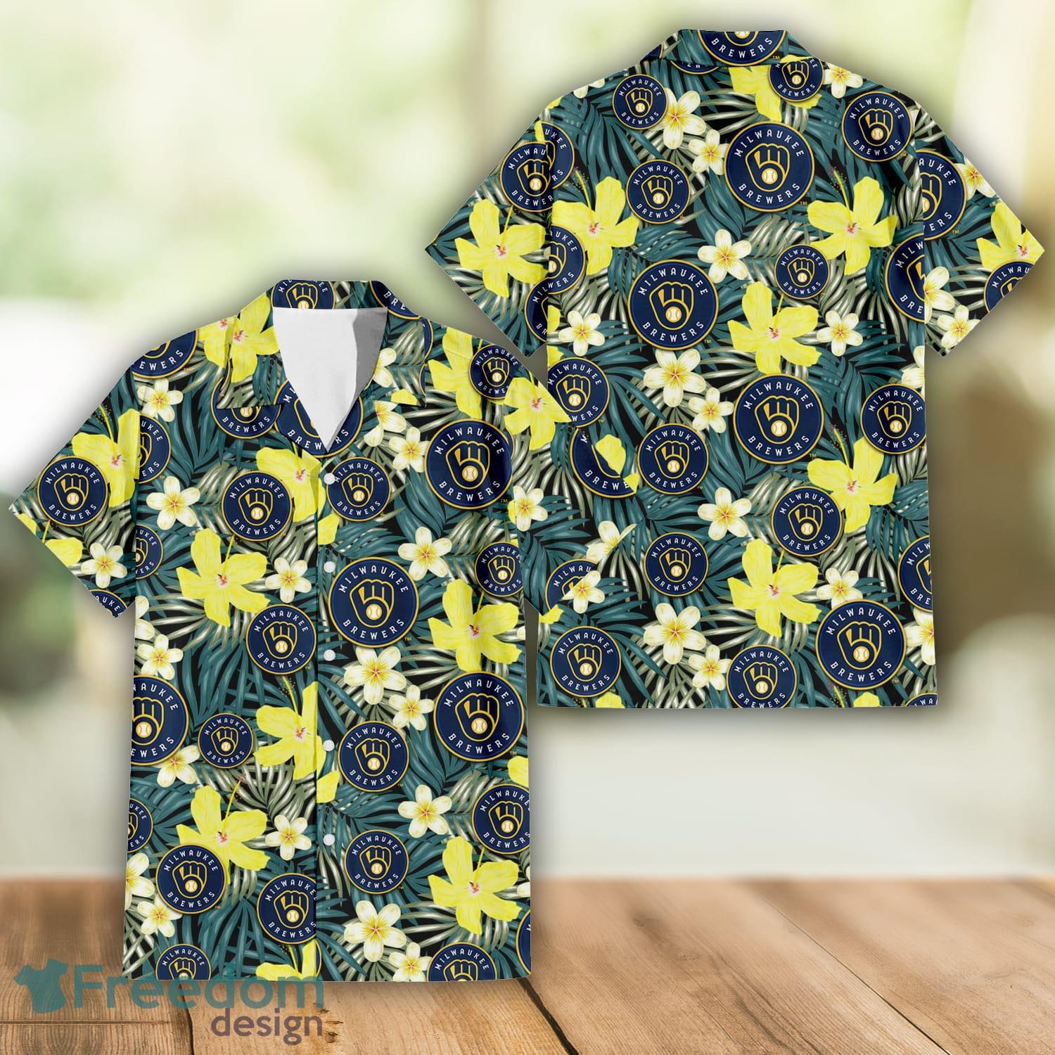Milwaukee Brewers Yellow Flower Green Palm Leaf Tropical 3D Hawaiian Shirt