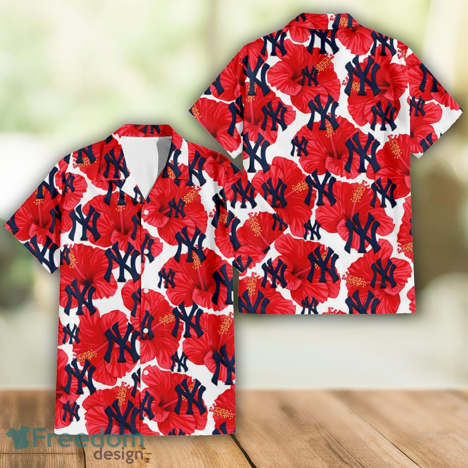 New York Yankees Logo And Red Pink White Hibiscus 3D Hawaiian Shirt For  Fans - Banantees