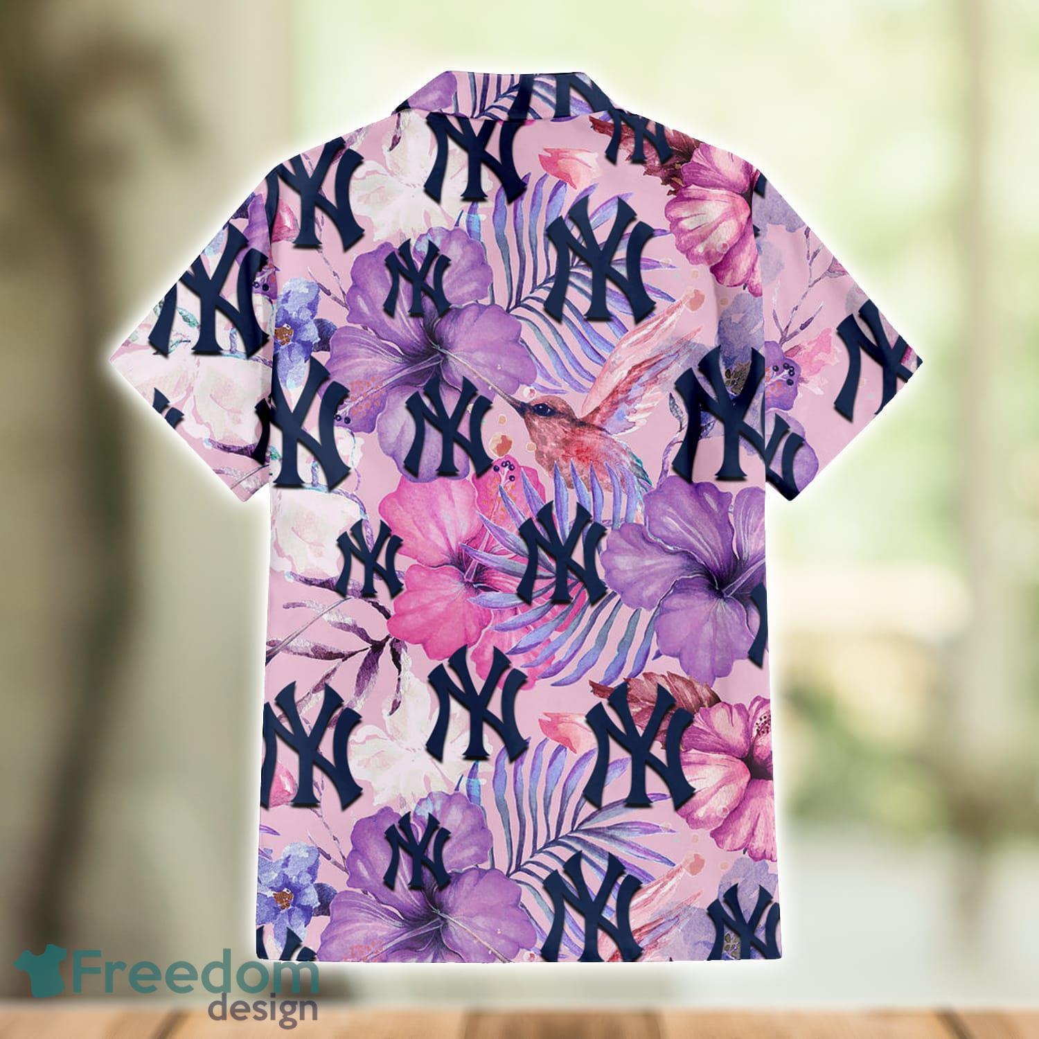 New York Yankees White Purple Hibiscus Pink Hummingbird Pink Hawaiian Shirt  For Fans - Freedomdesign