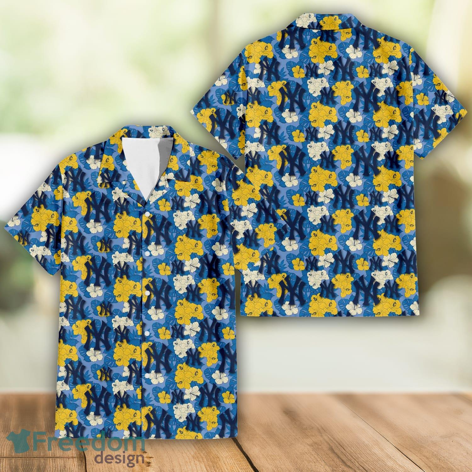 New York Yankees Yellow White Hibiscus Powder Blue Pattern 3D Hawaiian Shirt  Beach Gift - Freedomdesign