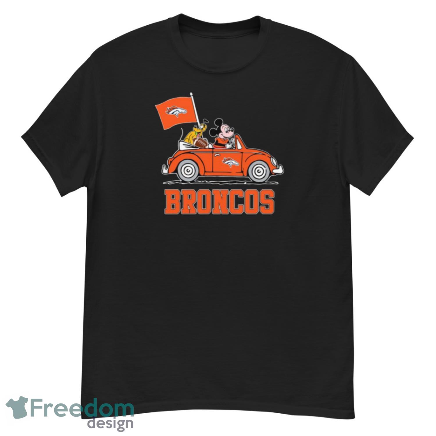 NFL Football Denver Broncos Pluto Mickey Driving Disney Shirt T