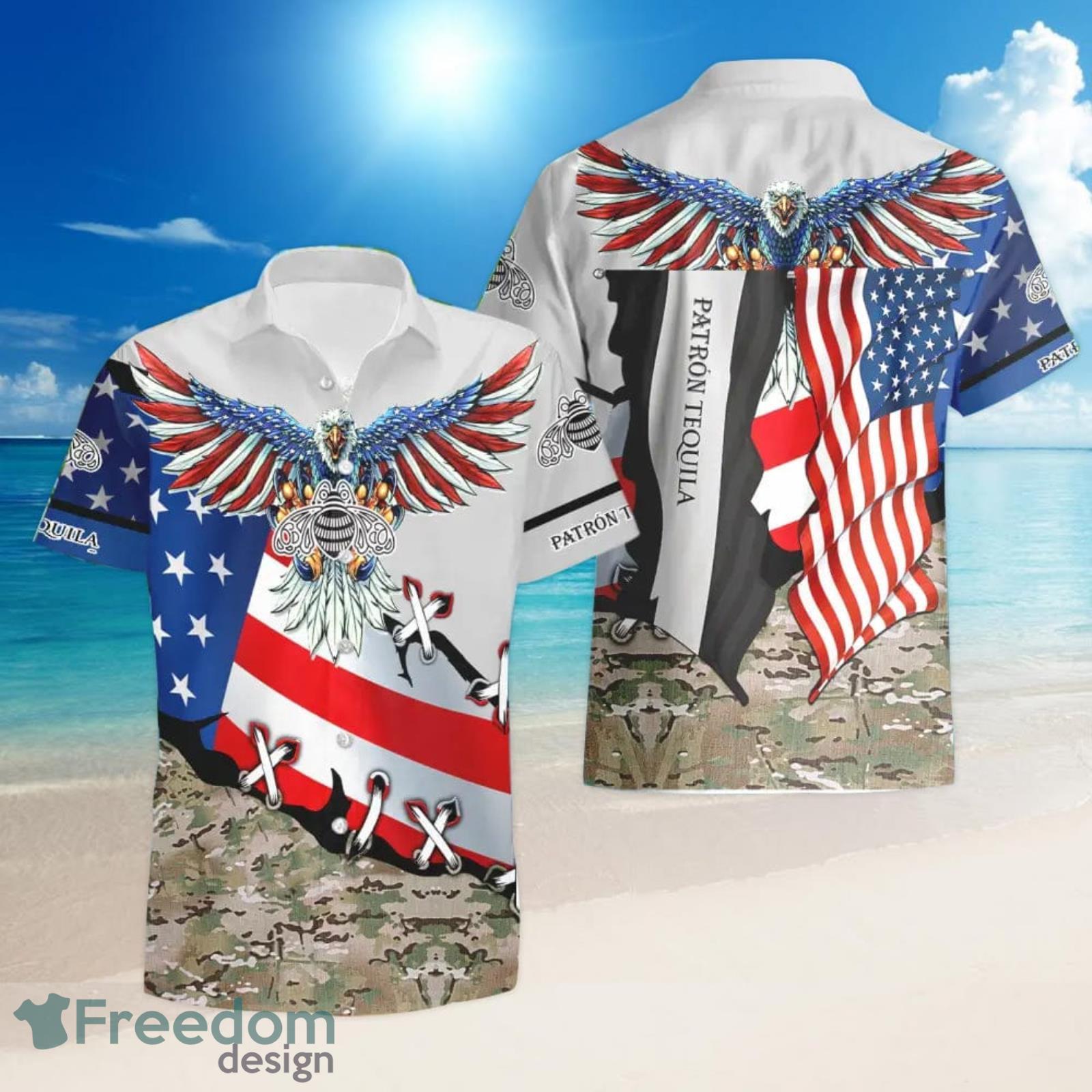 Patrón Tequila Eage USA Flag Hawaiian Shirt And Shorts Best Summer Gift Product Photo 2 Patrón Tequila Eage USA Flag Hawaiian Shirt And Shorts Best Summer Gift Product Photo 2