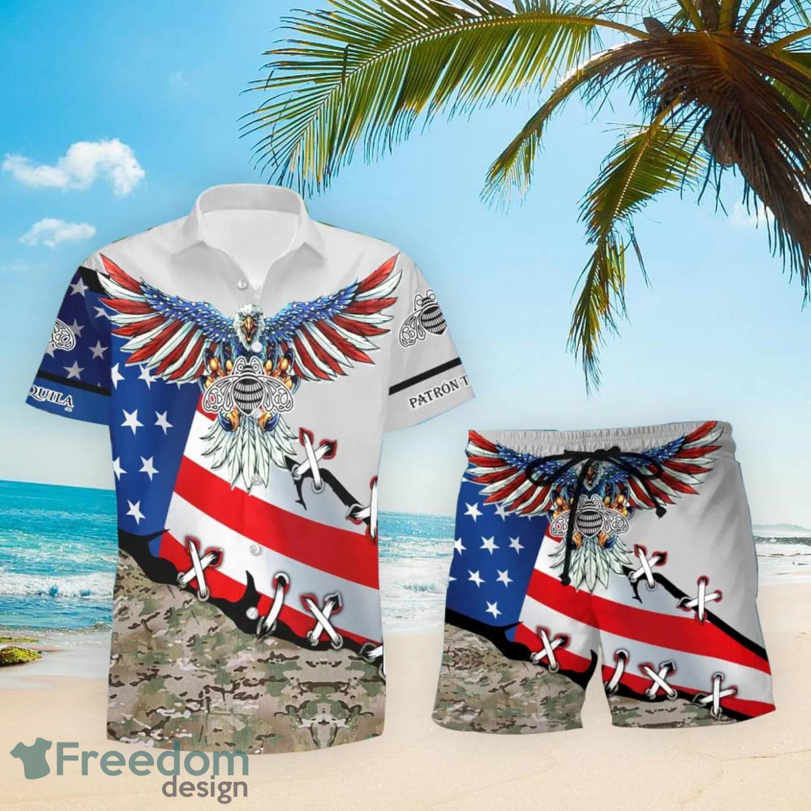 Patrón Tequila Eage USA Flag Hawaiian Shirt And Shorts Best Summer Gift Product Photo 1 Patrón Tequila Eage USA Flag Hawaiian Shirt And Shorts Best Summer Gift Product Photo 1