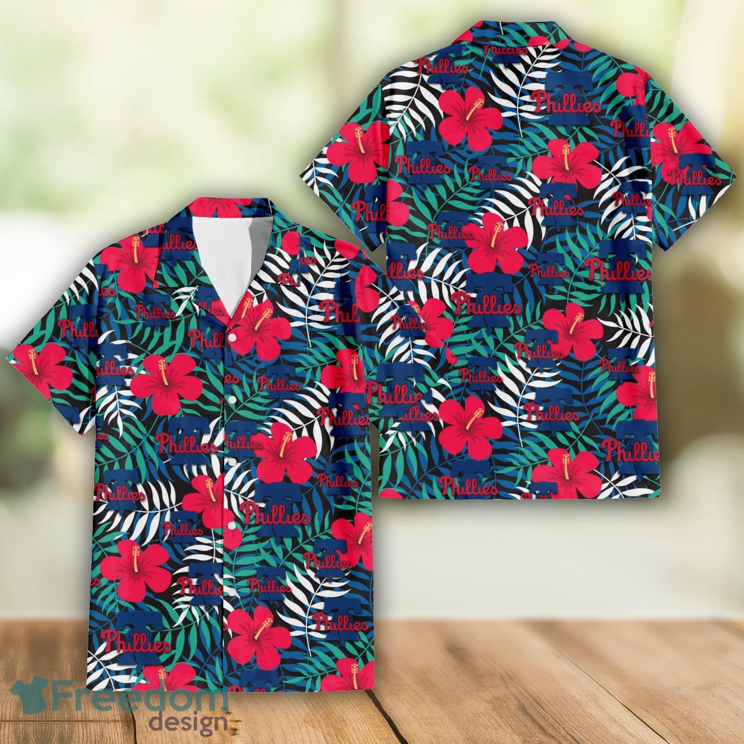 Philadelphia Phillies Red Hibiscus Green Leaf Pattern Tropical Summer Gift  3D Hawaiian Shirt - Freedomdesign
