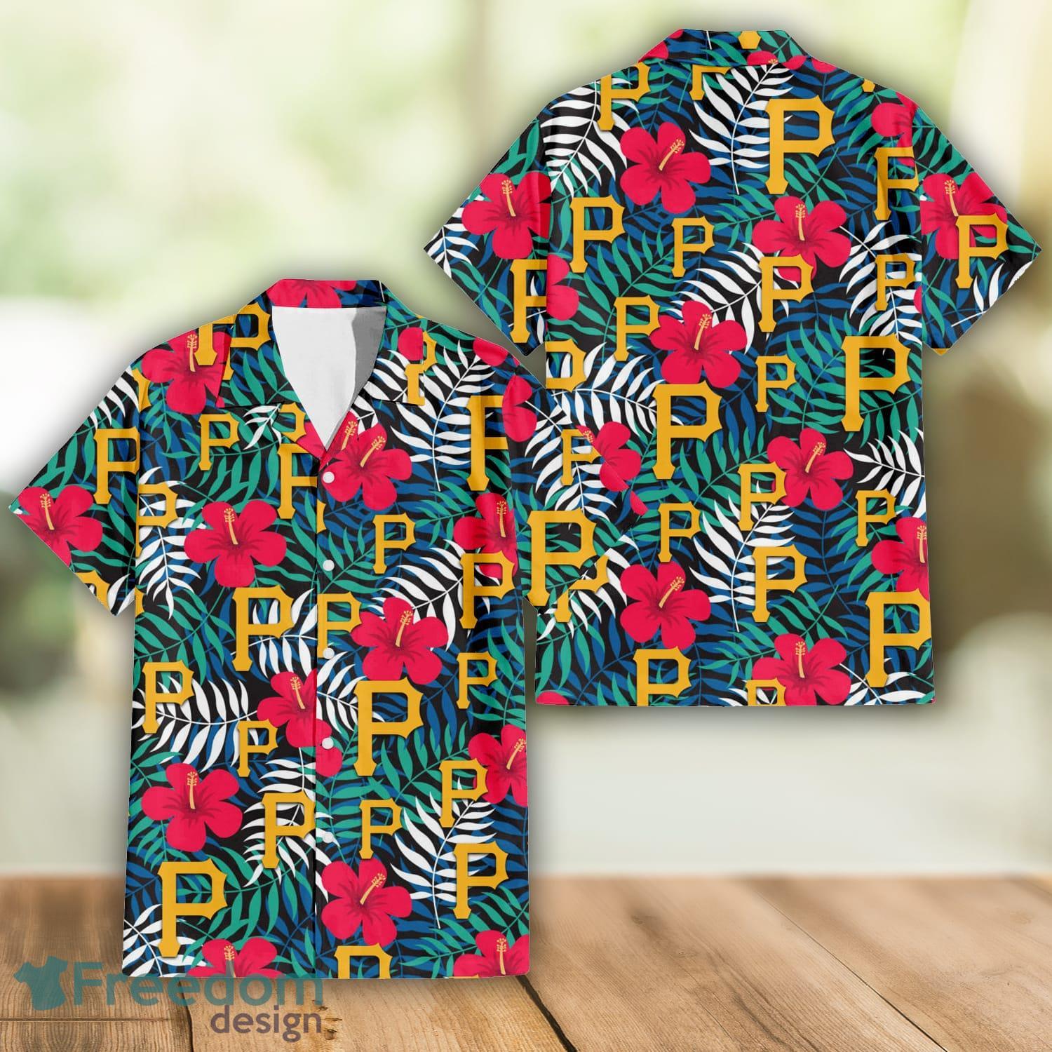 Pittsburgh Pirates Red Hibiscus Green Blue Leaf Yellow Background 3D  Hawaiian Shirt Gift For Fans