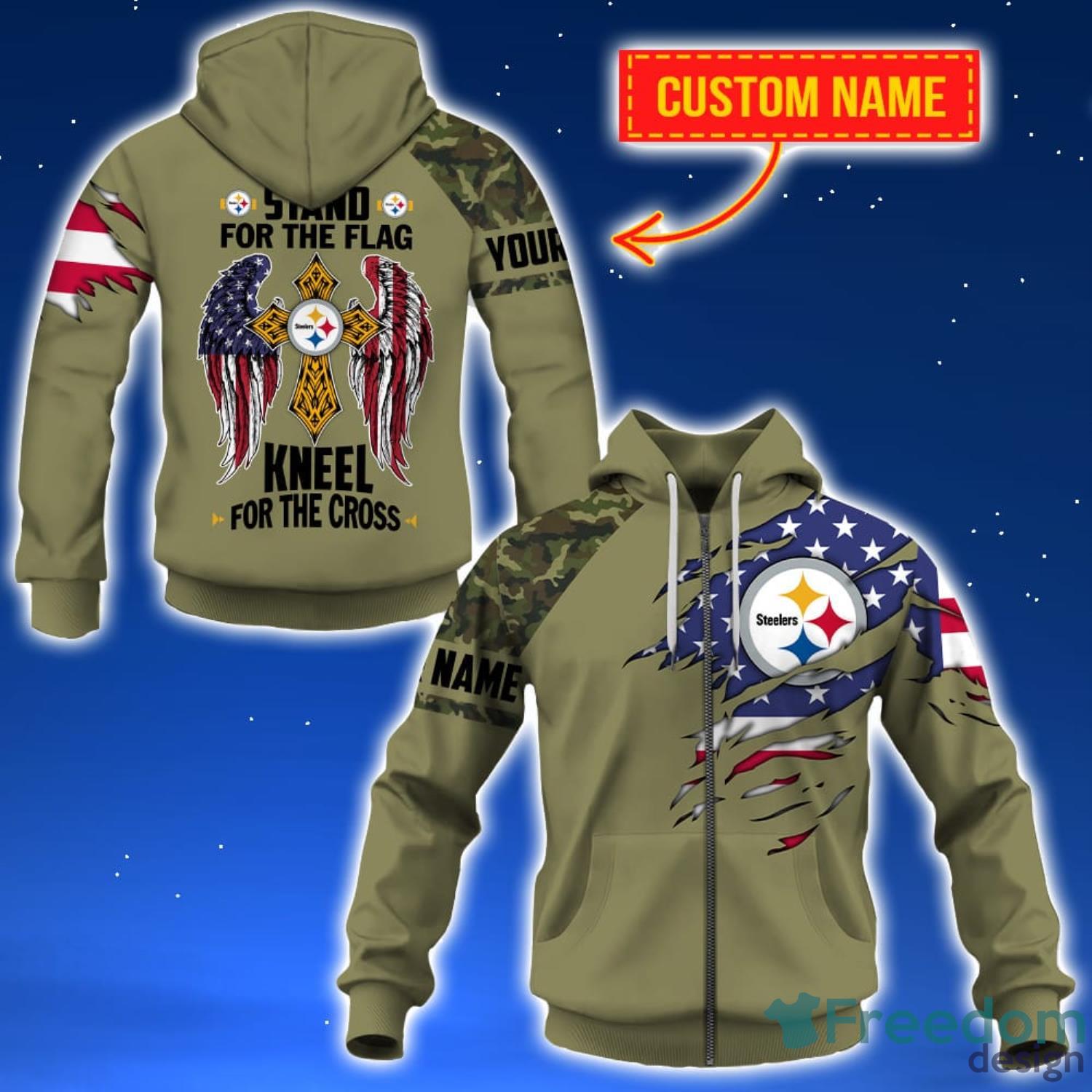 Pittsburgh Steelers Personalized Name For Fans NFL Stand For The Flag Kneel  For The Cross 3D Hoodie Zip Hoodie - Freedomdesign