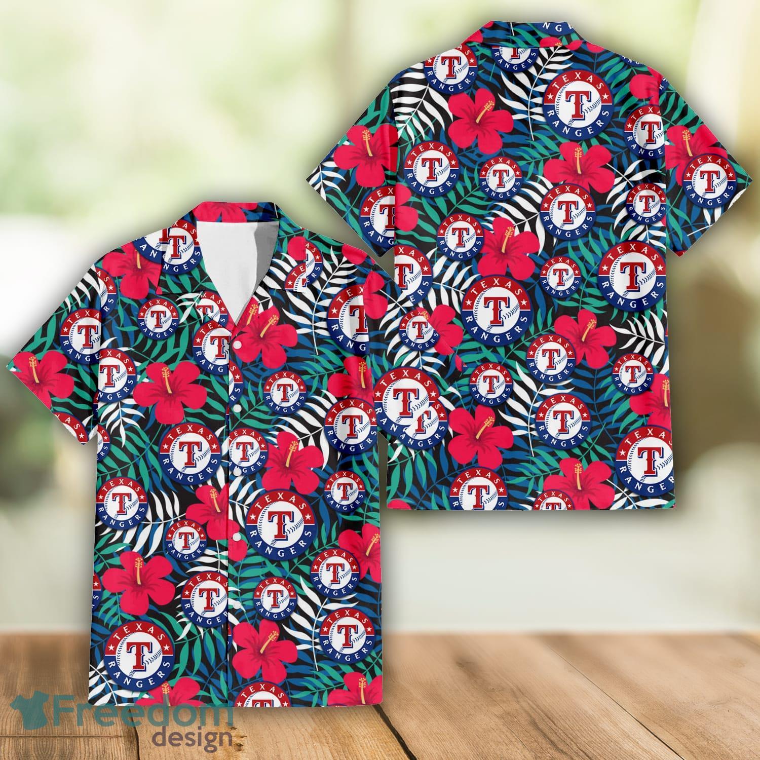 Texas Rangers Red Hibiscus Green Leaf Pattern Tropical Summer Gift 3D  Hawaiian Shirt - Freedomdesign