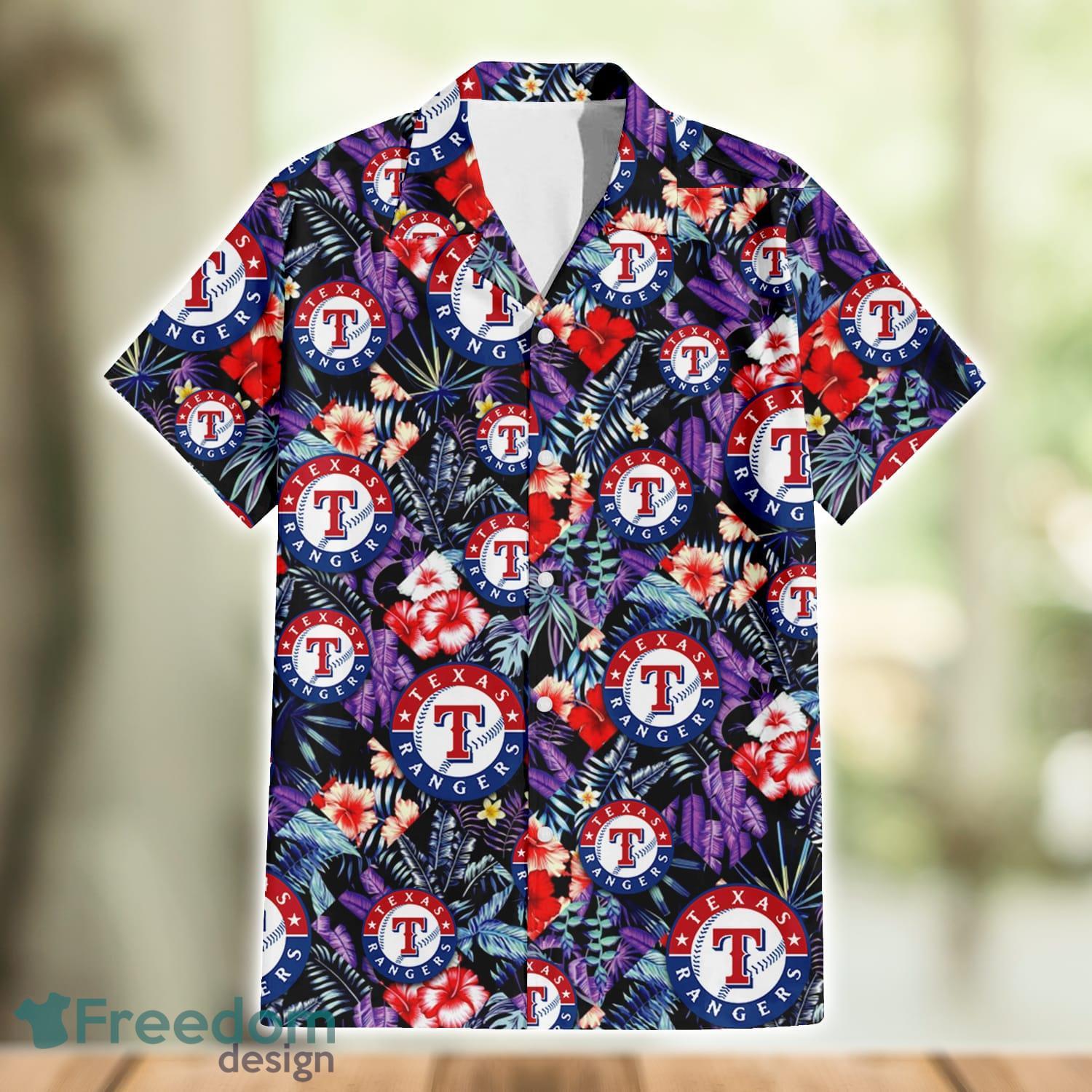 Texas Rangers Red Hibiscus Purple Leaf Pattern Summer Gift Hawaiian Shirt  For Fans - Freedomdesign