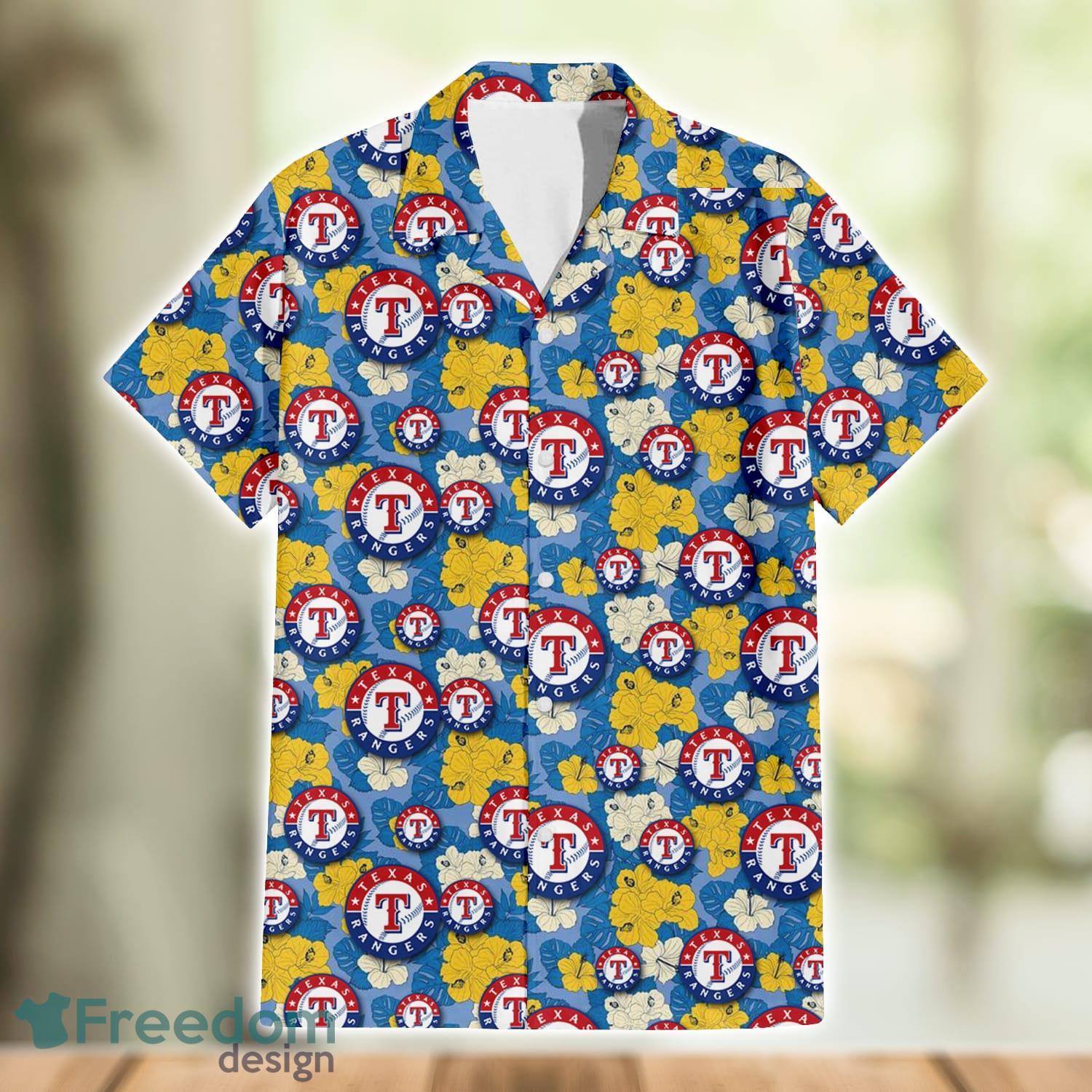 Texas Rangers Yellow White Hibiscus Powder Blue Pattern 3D Hawaiian Shirt  Beach Gift - Freedomdesign
