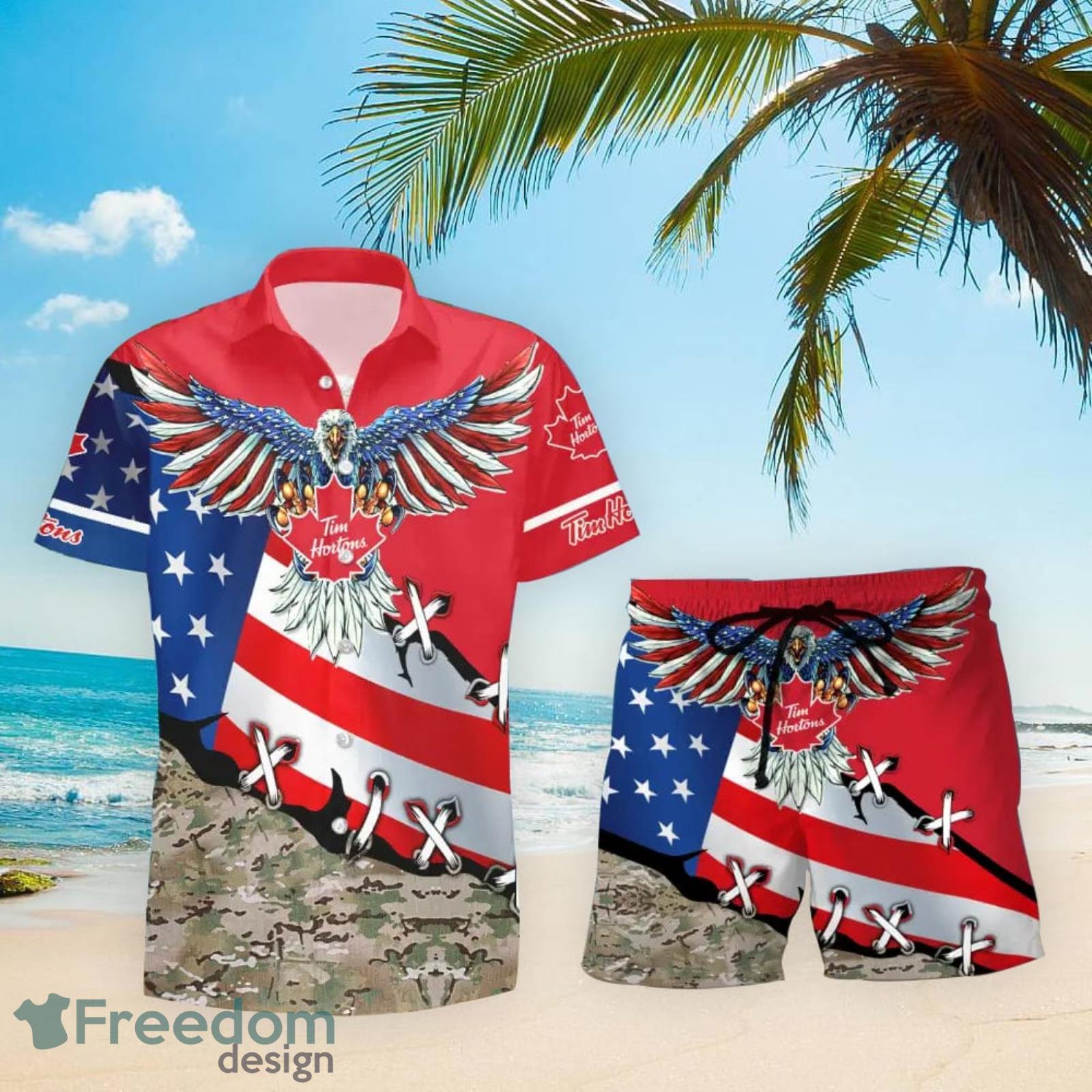 Tim Hortons Eage USA Flag Hawaiian Shirt And Shorts Best Summer Gift image Tim Hortons Eage USA Flag Hawaiian Shirt And Shorts Best Summer Gift Product Photo 2