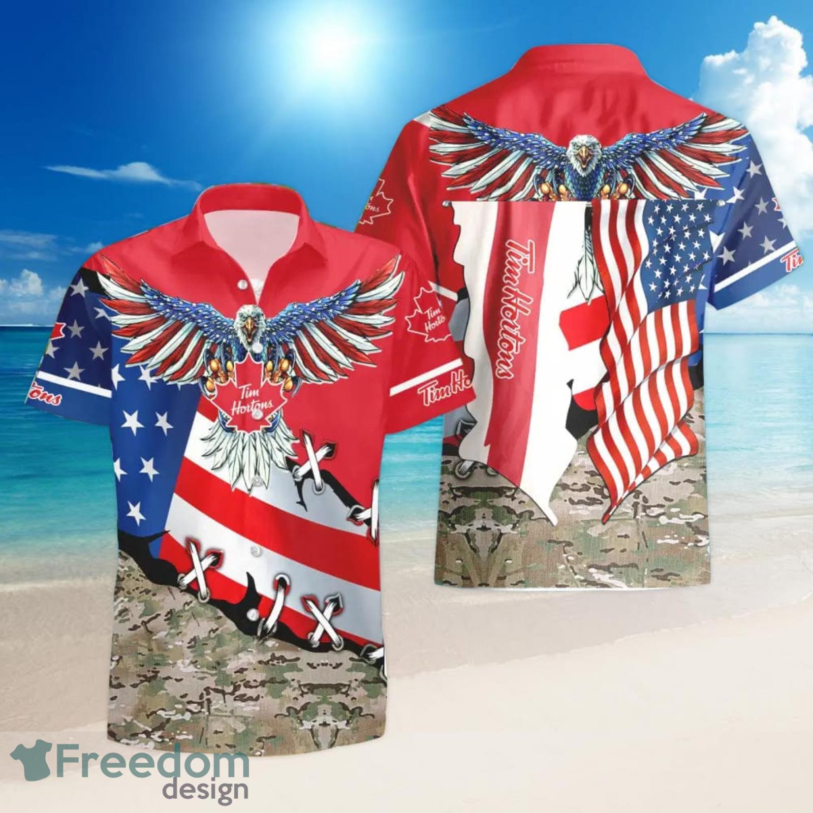 Tim Hortons Eage USA Flag Hawaiian Shirt And Shorts Best Summer Gift Product Photo 1 Tim Hortons Eage USA Flag Hawaiian Shirt And Shorts Best Summer Gift Product Photo 1