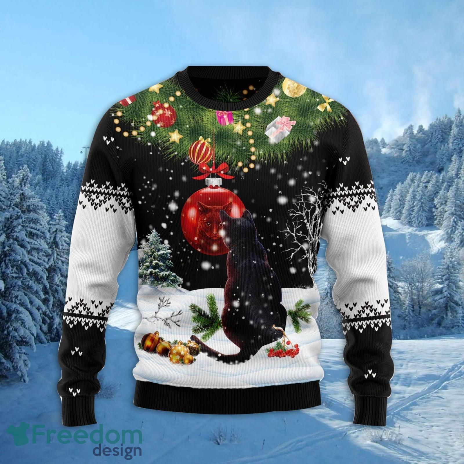 Black Cat Mirror Ugly Christmas Sweater AOP All Over Printed Sweater Product Photo 2