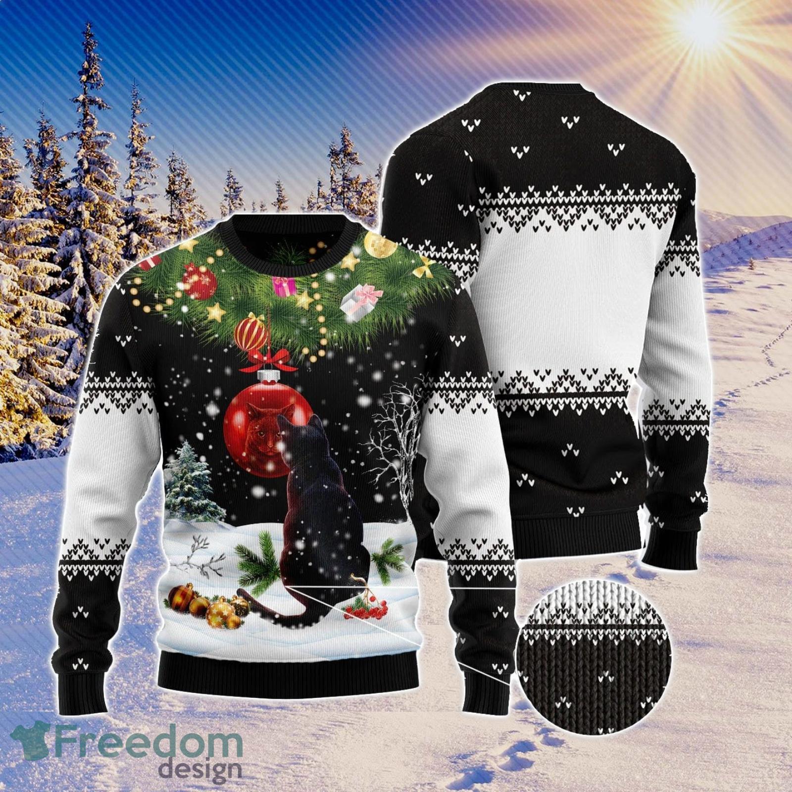 Black Cat Mirror Ugly Christmas Sweater AOP All Over Printed Sweater Product Photo 1