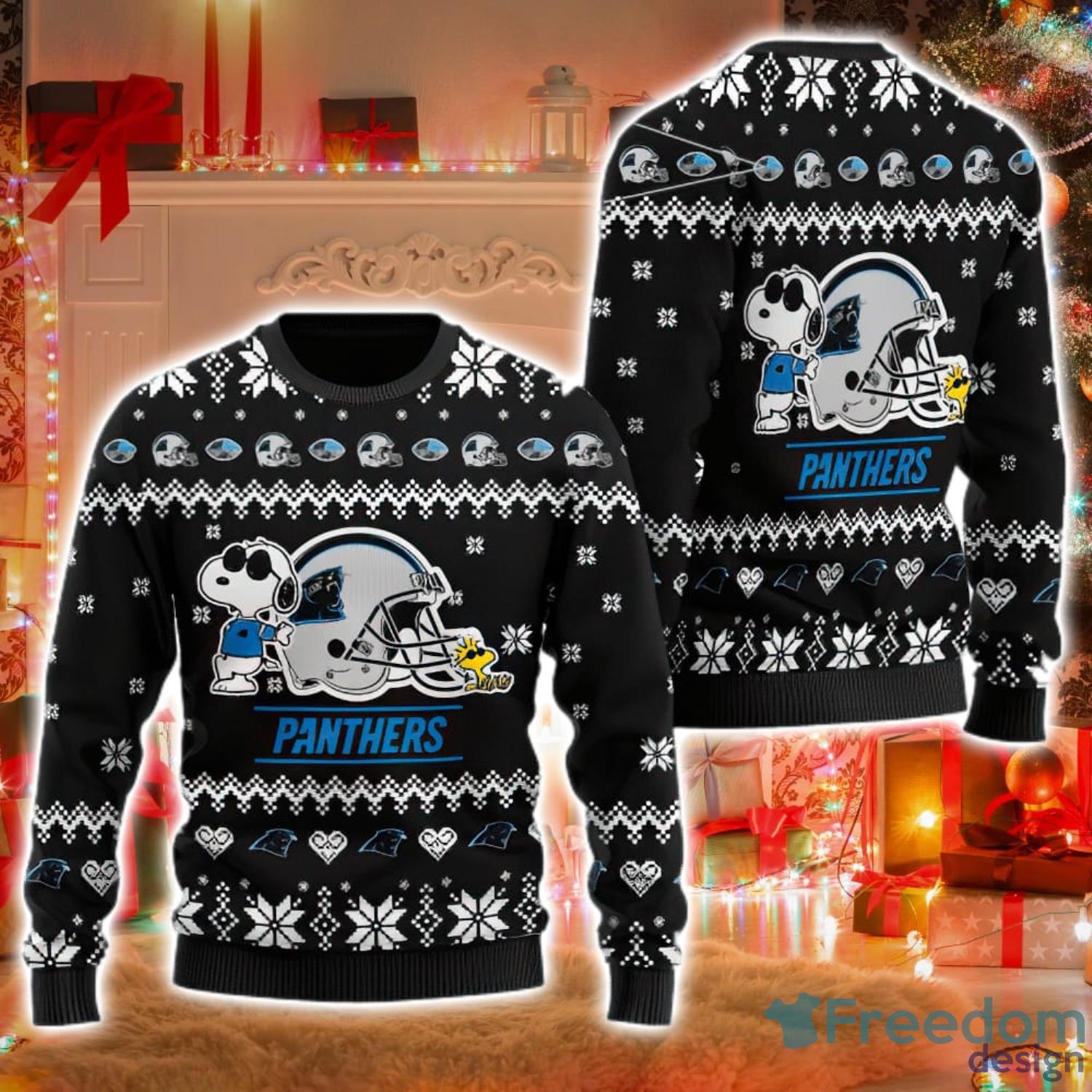 Carolina Panthers Cute Snoopy Football Helmet Ugly Christmas Sweater Product Photo 1