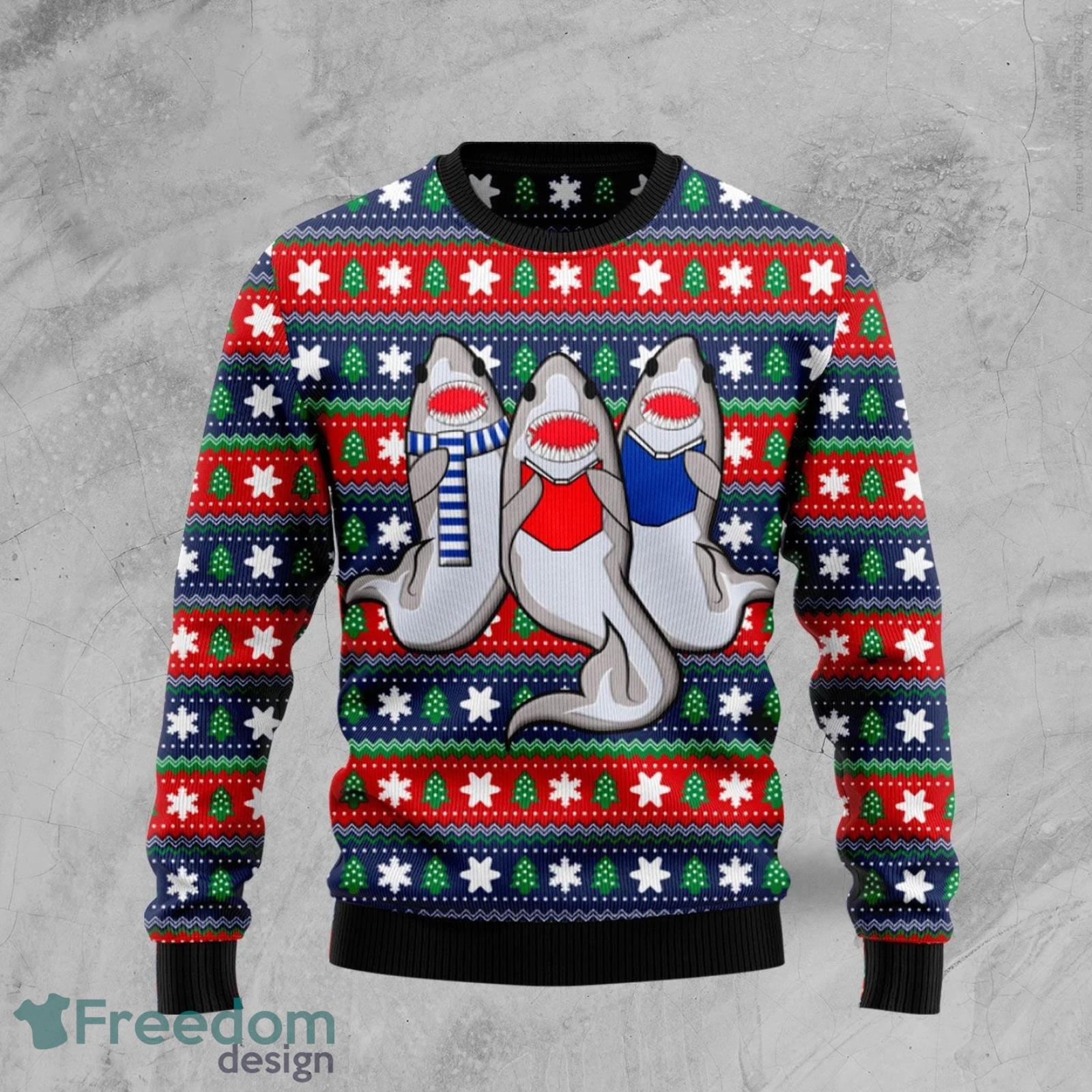 Carolling Sharks Ugly Christmas Sweater AOP All Over Printed Sweater Product Photo 2