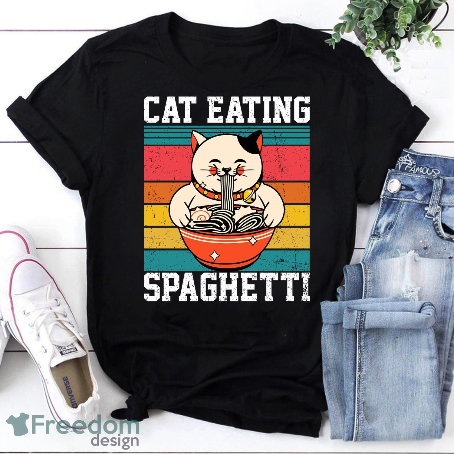 Cat Eating Spaghetti Vintage T-Shirt Japanese Spaghetti Shirt Love Ramen Shirt Product Photo 1