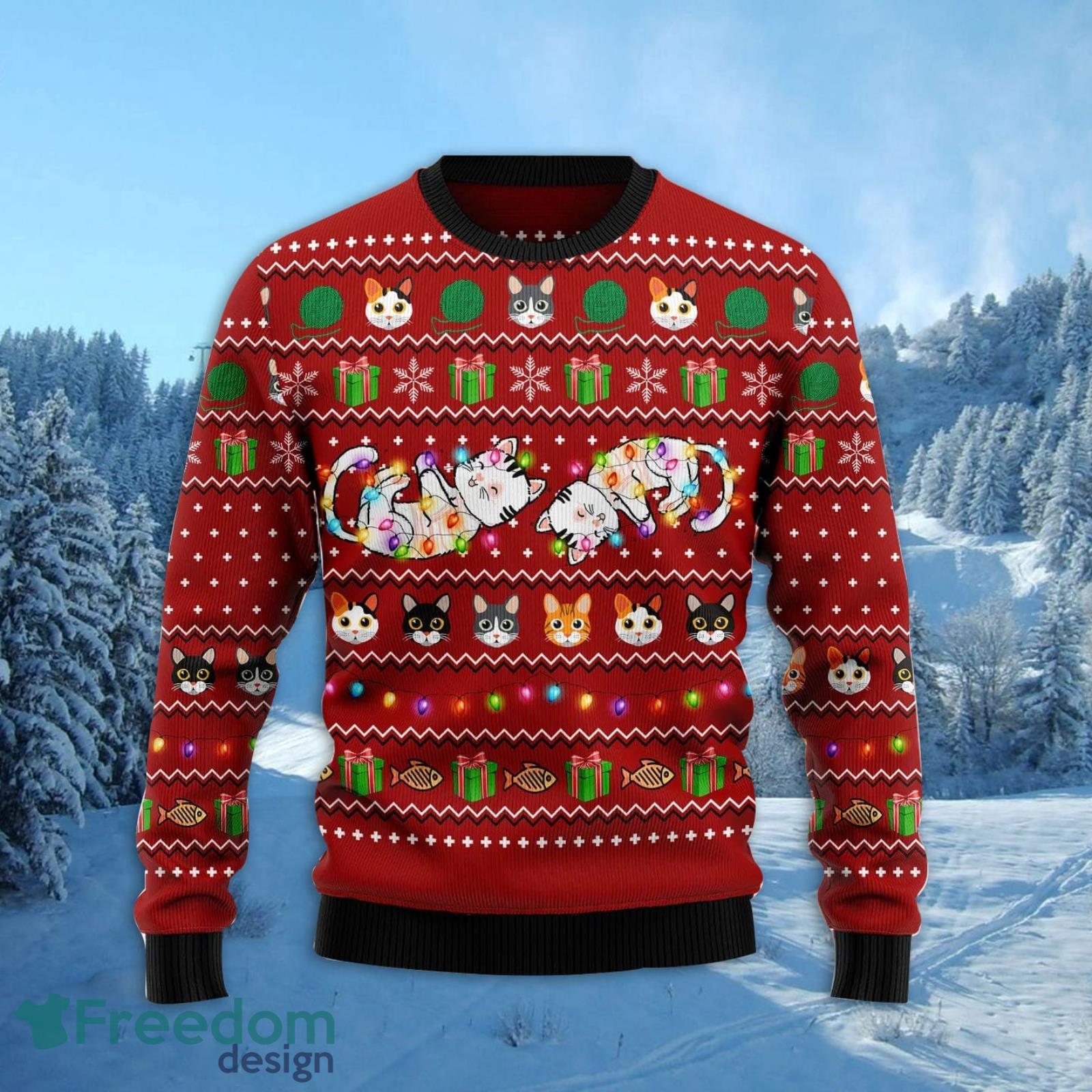 Cat Light Ugly Christmas Sweater AOP All Over Printed Sweater Product Photo 2