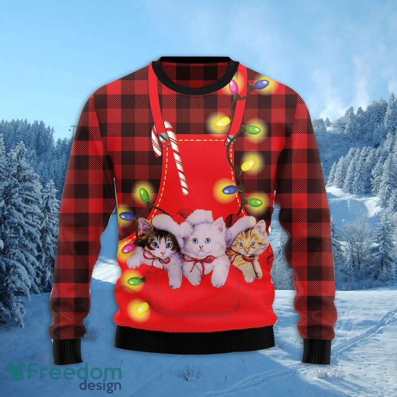 Cat Pocket Christmas Red Ugly Christmas Sweater AOP All Over Printed Sweater Product Photo 2