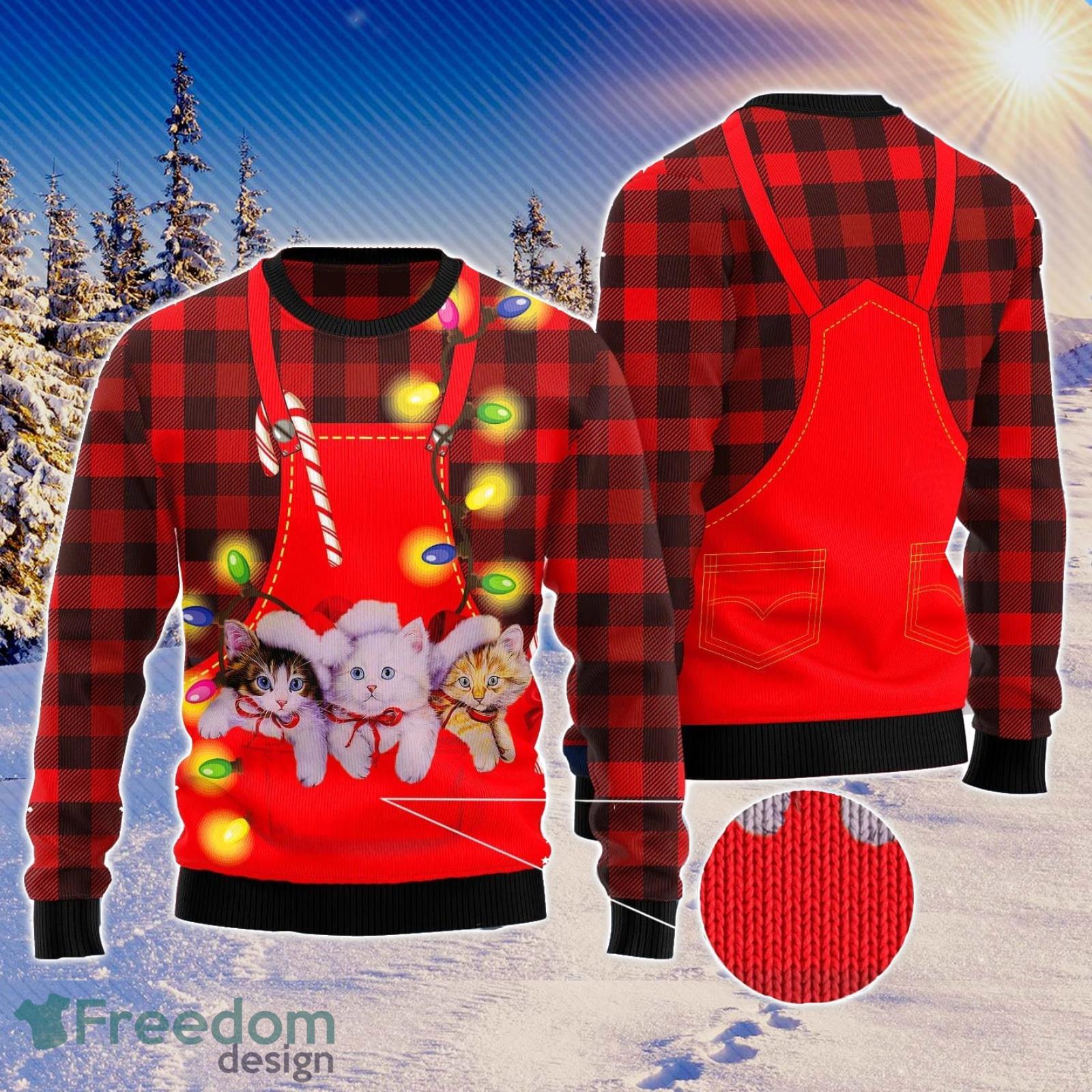 Cat Pocket Christmas Red Ugly Christmas Sweater AOP All Over Printed Sweater Product Photo 1