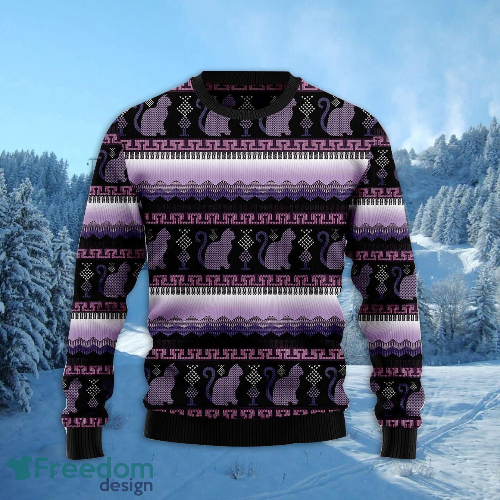 Cat Purple Pattern Purplr Ugly Christmas Sweater AOP All Over Printed Sweater Product Photo 2