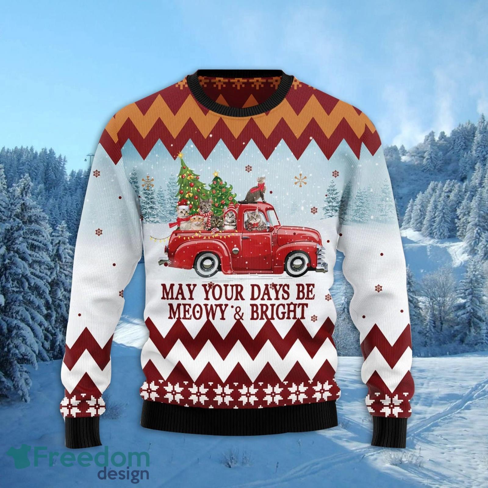 Cat Red Truck May Your Days Be Meowy Bright Ugly Christmas Sweater Product Photo 2