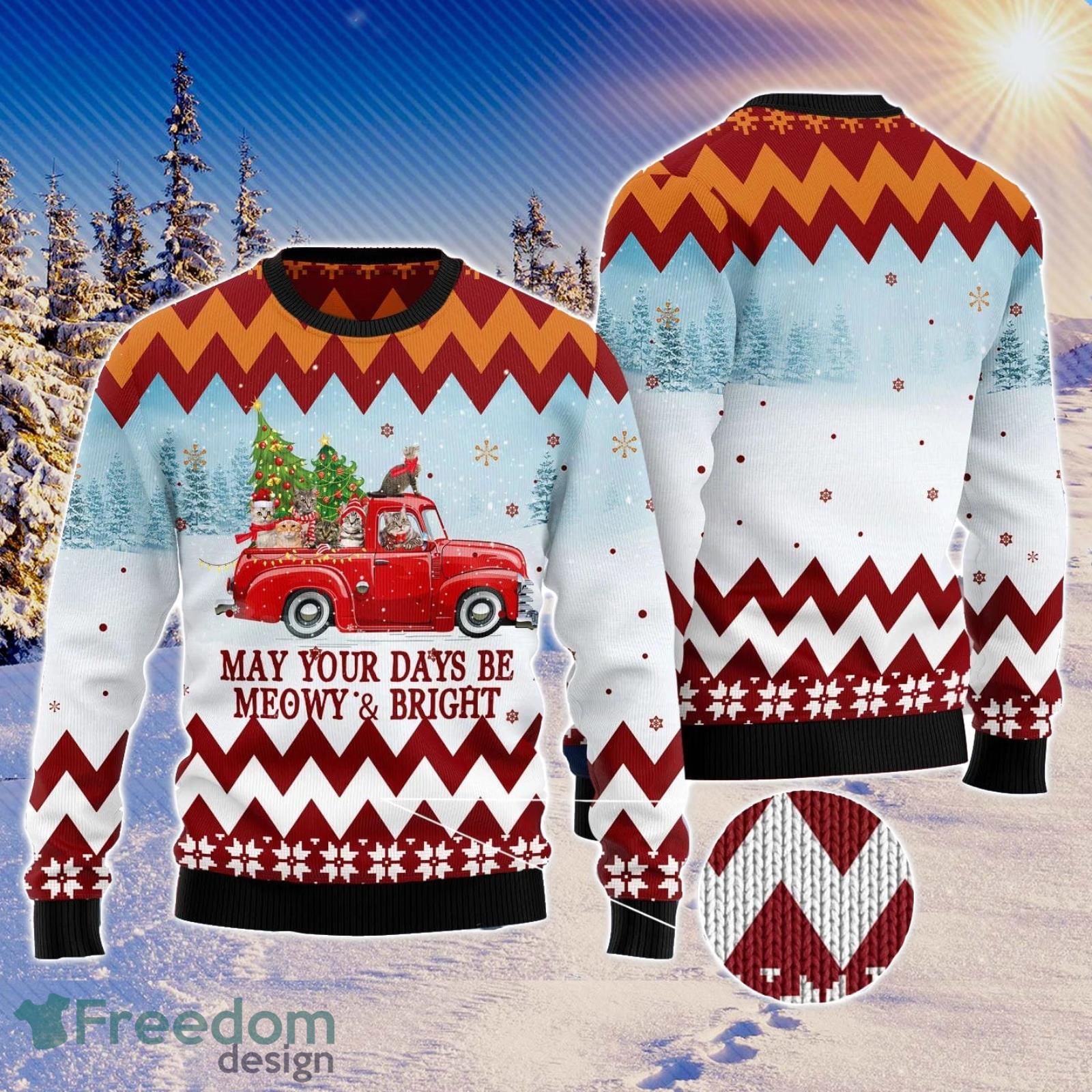 Cat Red Truck May Your Days Be Meowy Bright Ugly Christmas Sweater Product Photo 1