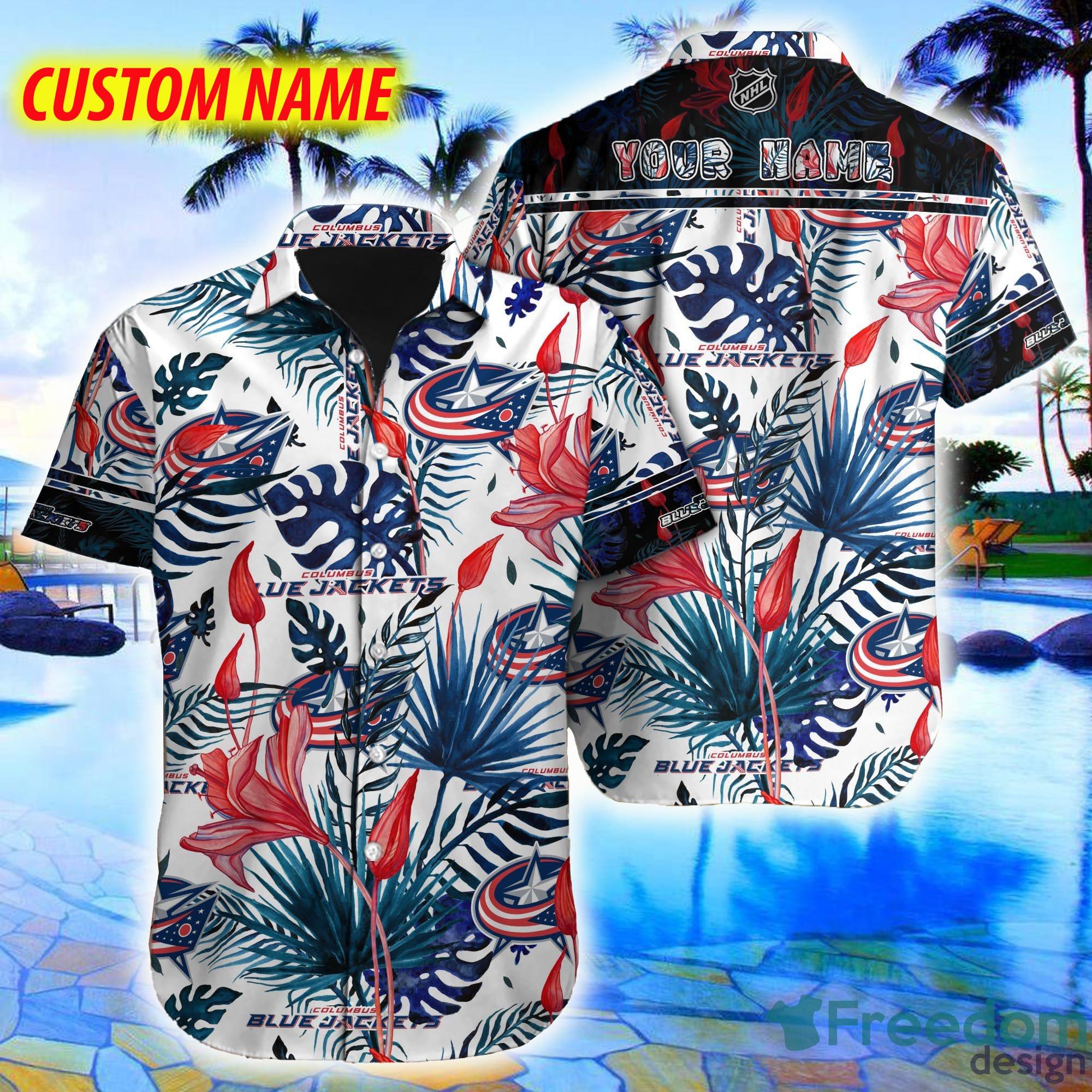 Columbus Blue Jackets America Flag Tropical Floral Aloha Hawaiian Shirt,  Beach Shorts Custom Name For Men