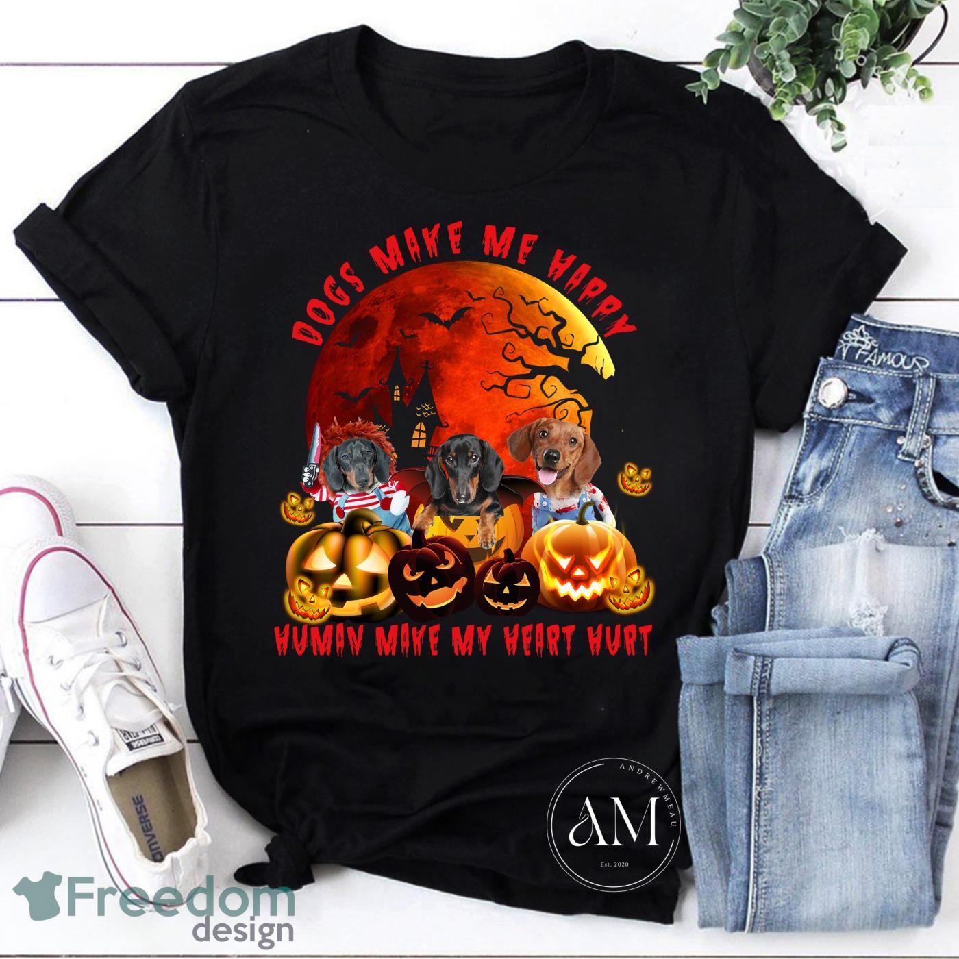 Dachshund Dogs Make Me Happy Human Make My Heart Hurt Halloween Vintage T-Shirt Product Photo 1