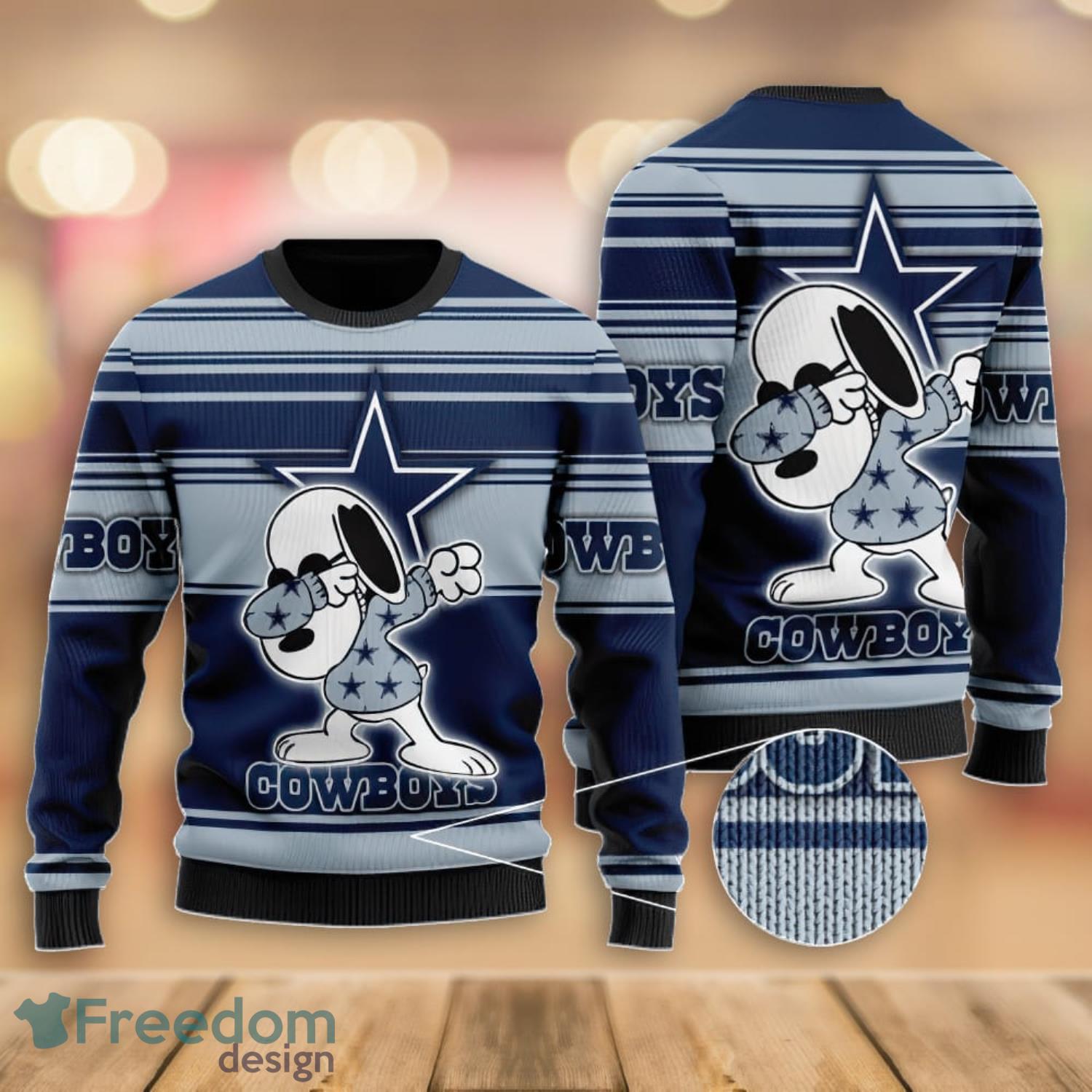 Dallas Cowboys Snoopy Custom Name And Number Ugly Christmas Sweater