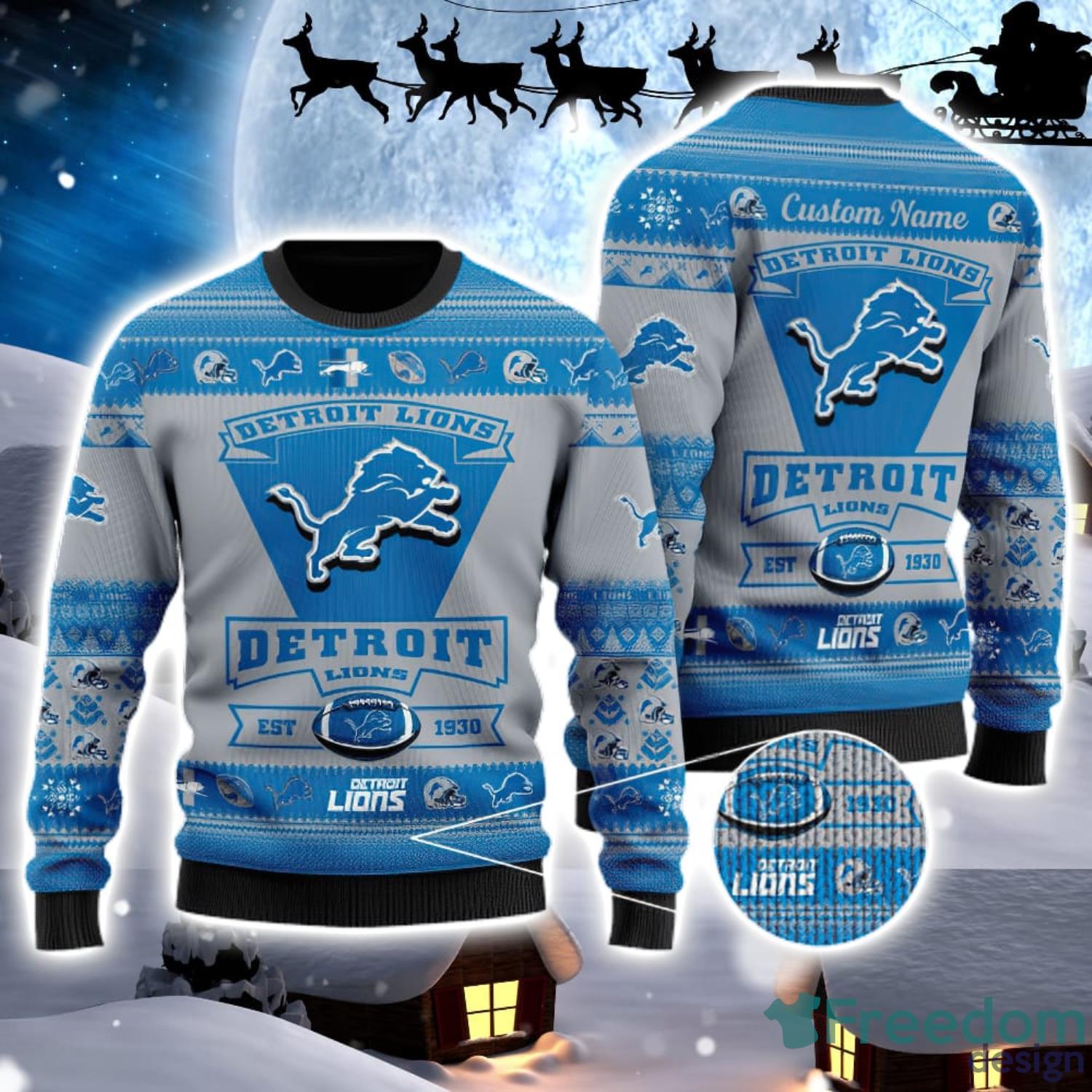 Detroit Lions Logo Custom Name For Football Fans Ugly Christmas Sweater Christmas Gift Product Photo 1