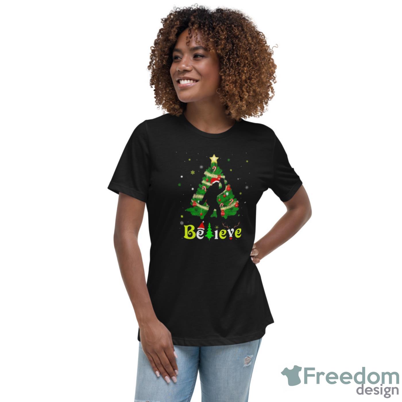Funny Bigfoot Believe Christmas Tree Merry Xmas Shirt - Womens Relaxed Short Sleeve Jersey Tee Funny Bigfoot Believe Christmas Tree Merry Xmas Shirt - Womens Relaxed Short Sleeve Jersey Tee
