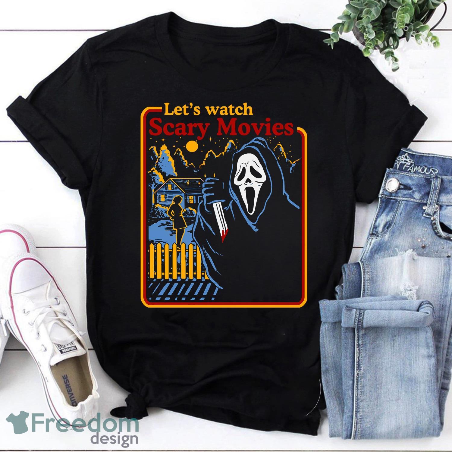 Halloween Let’s Watch Scary Movies Scream Horror Vintage T-Shirt Scary Movies Shirt Product Photo 1