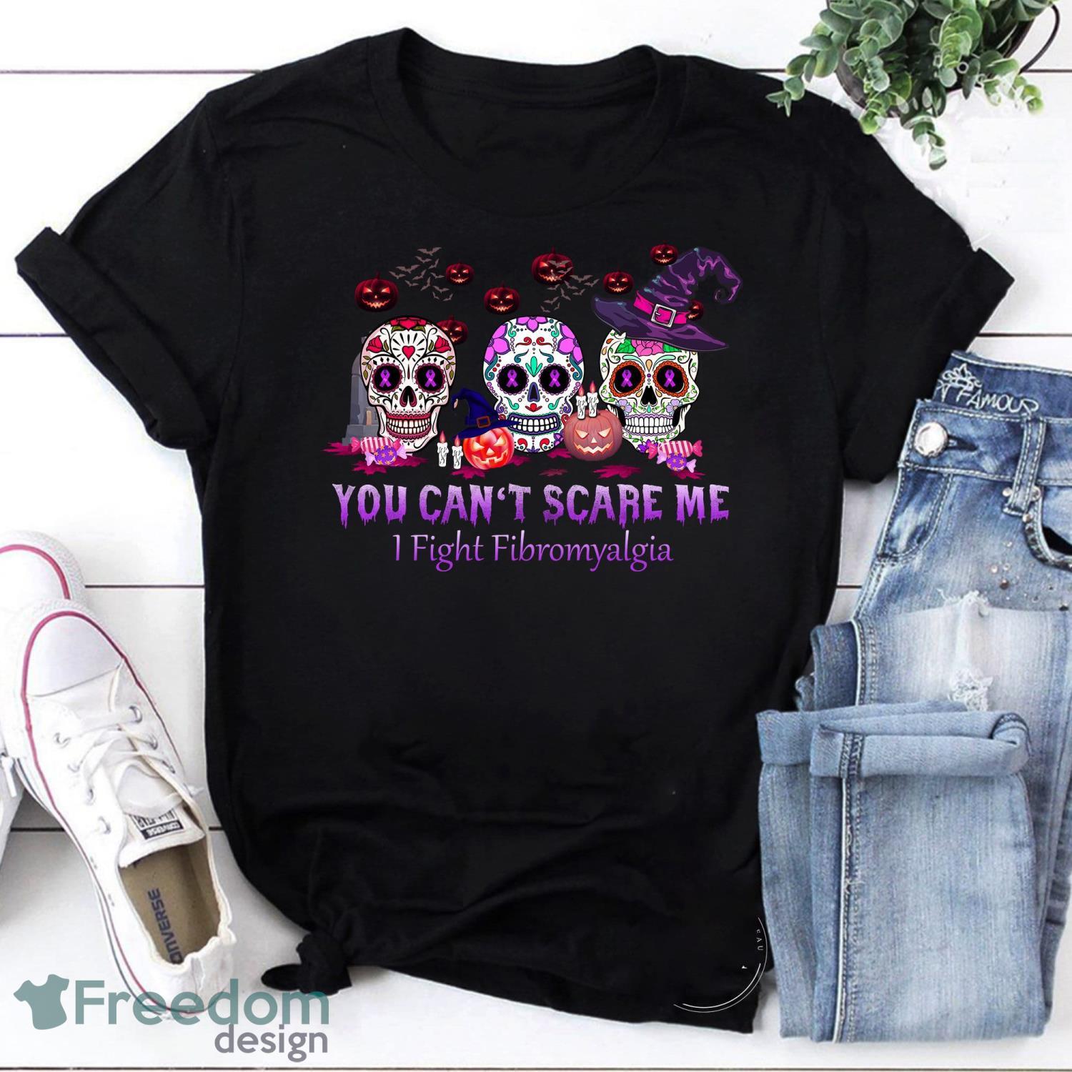 Horror Sugar Skulls Witch You Can’t Scare Me I Fight Fibromyalgia for Halloween Vintage T-Shirt Product Photo 1