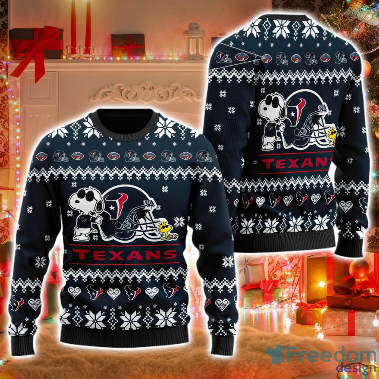 Houston Texans Cute Snoopy Football Helmet Ugly Christmas Sweater Product Photo 1