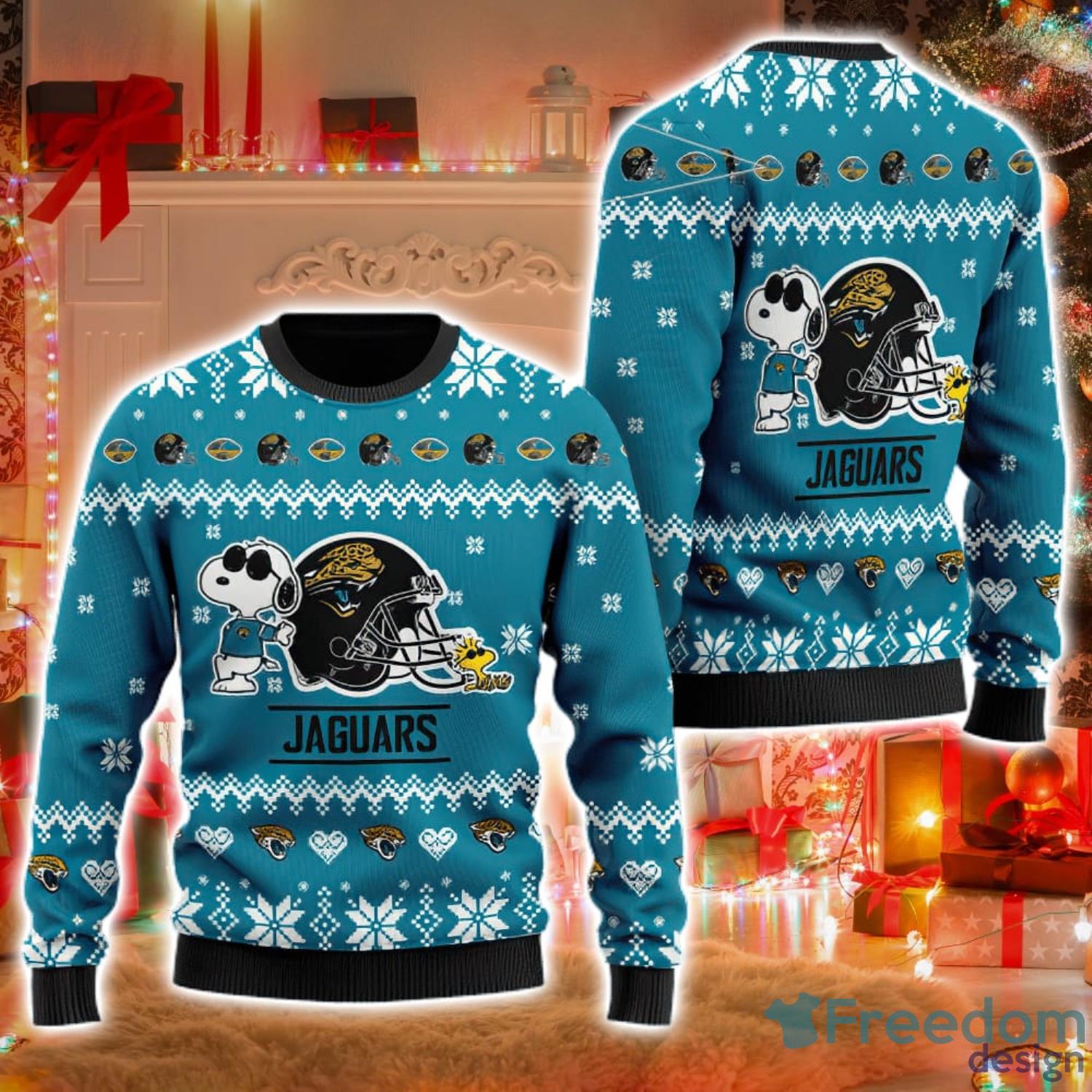 Jacksonville Jaguars Cute Snoopy Football Helmet Ugly Christmas Sweater -  Freedomdesign